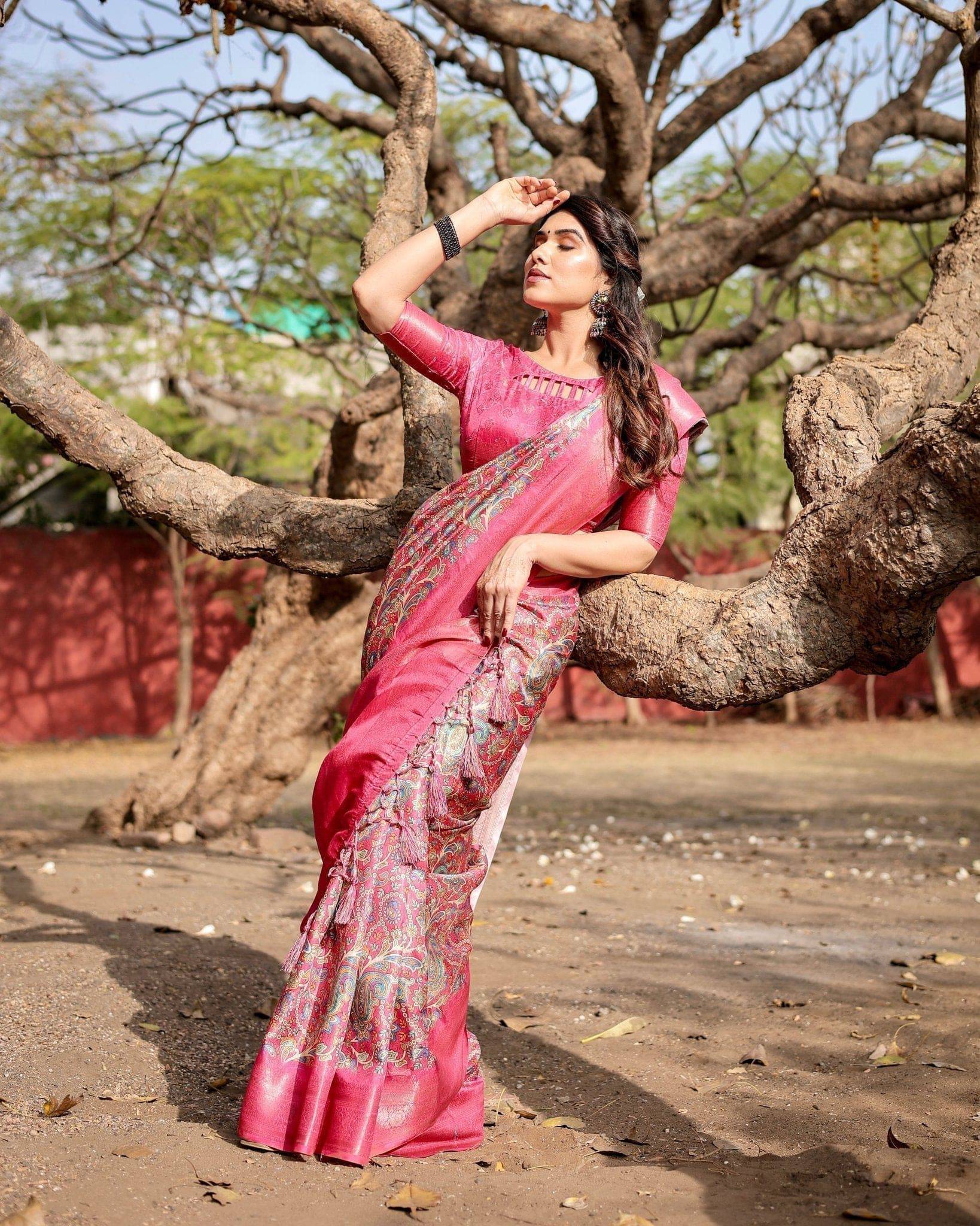 Pure Banarasi Silk Saree Weaved With Golden Zari Comes With Tassels - Fashion Dream Studio