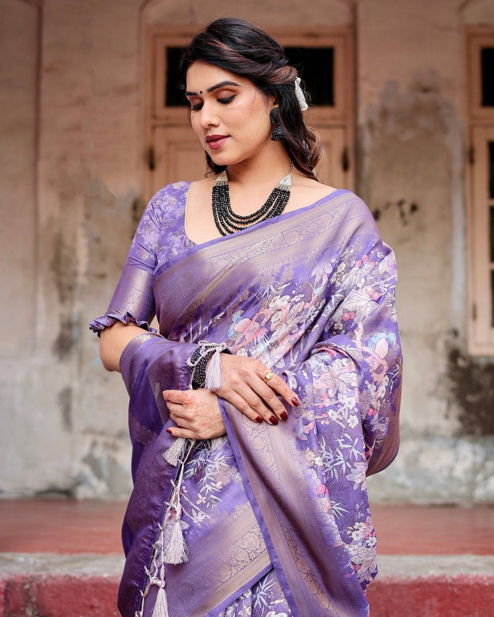 Pure Banarasi Silk Saree Weaved With Golden Zari Comes With Tassels