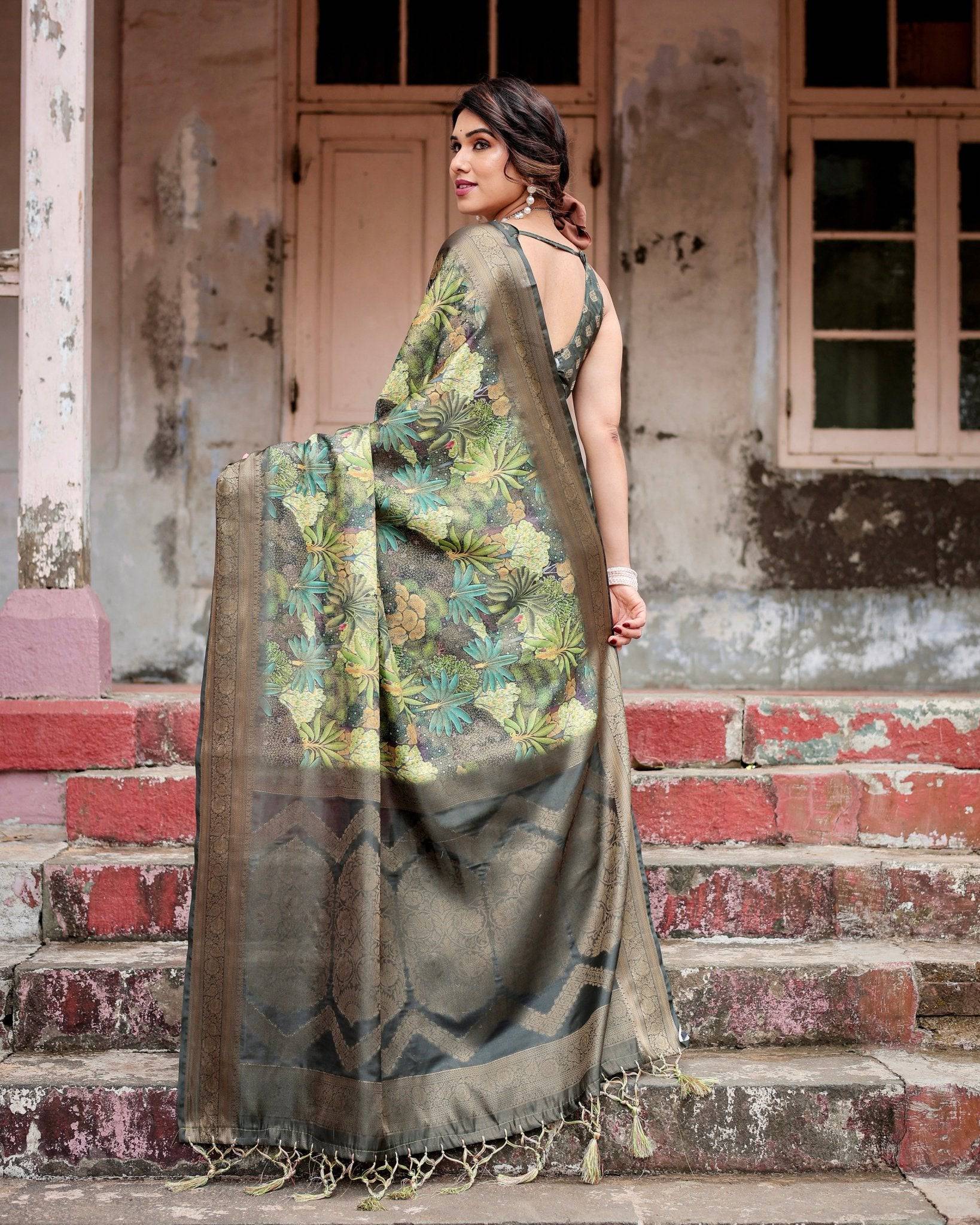 Pure Banarasi Silk Saree Weaved With Golden Zari Comes With Tassels - Fashion Dream Studio