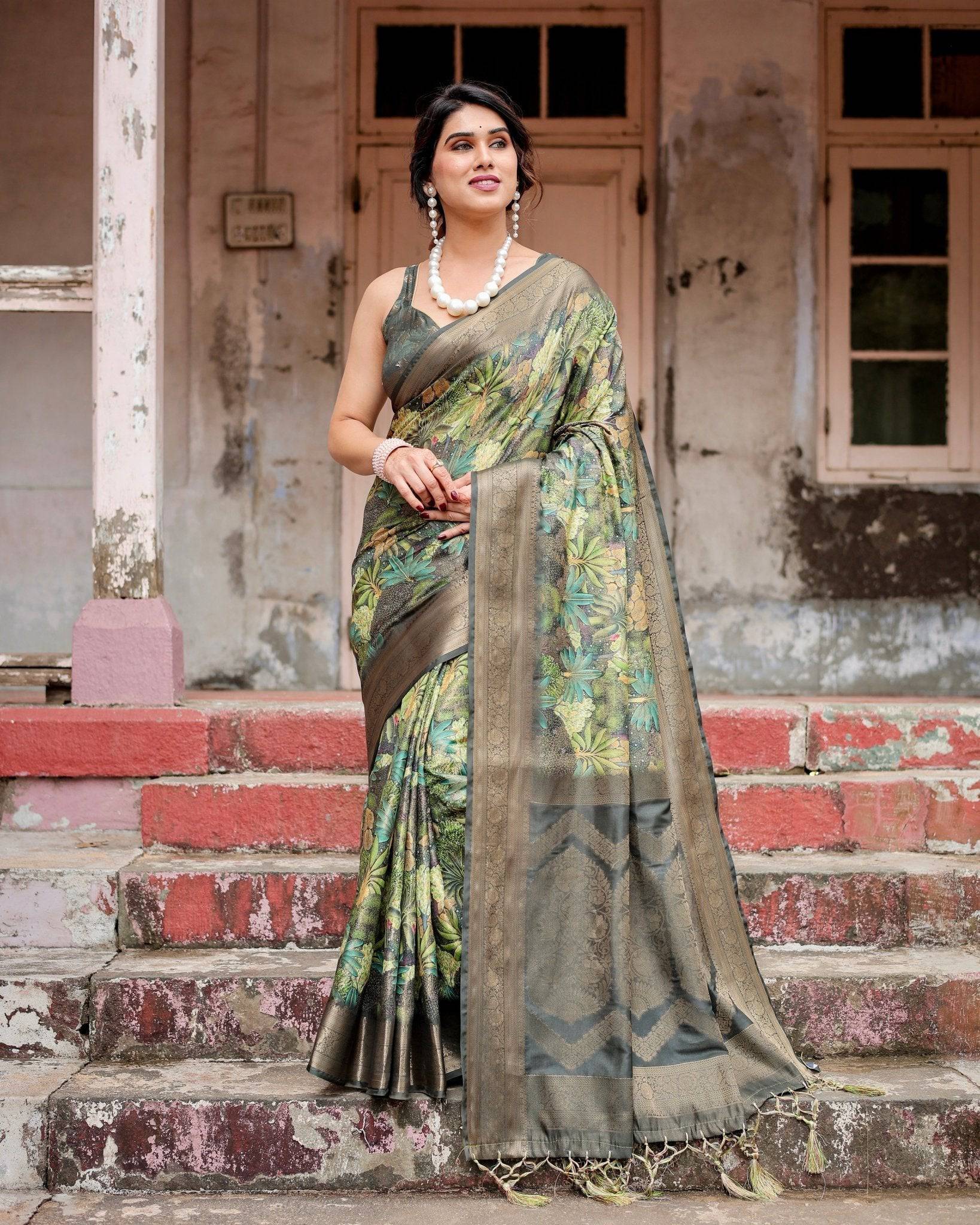 Pure Banarasi Silk Saree Weaved With Golden Zari Comes With Tassels - Fashion Dream Studio