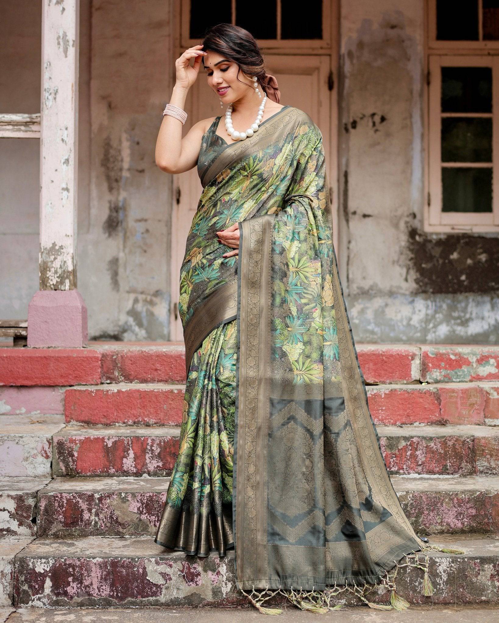 Pure Banarasi Silk Saree Weaved With Golden Zari Comes With Tassels - Fashion Dream Studio