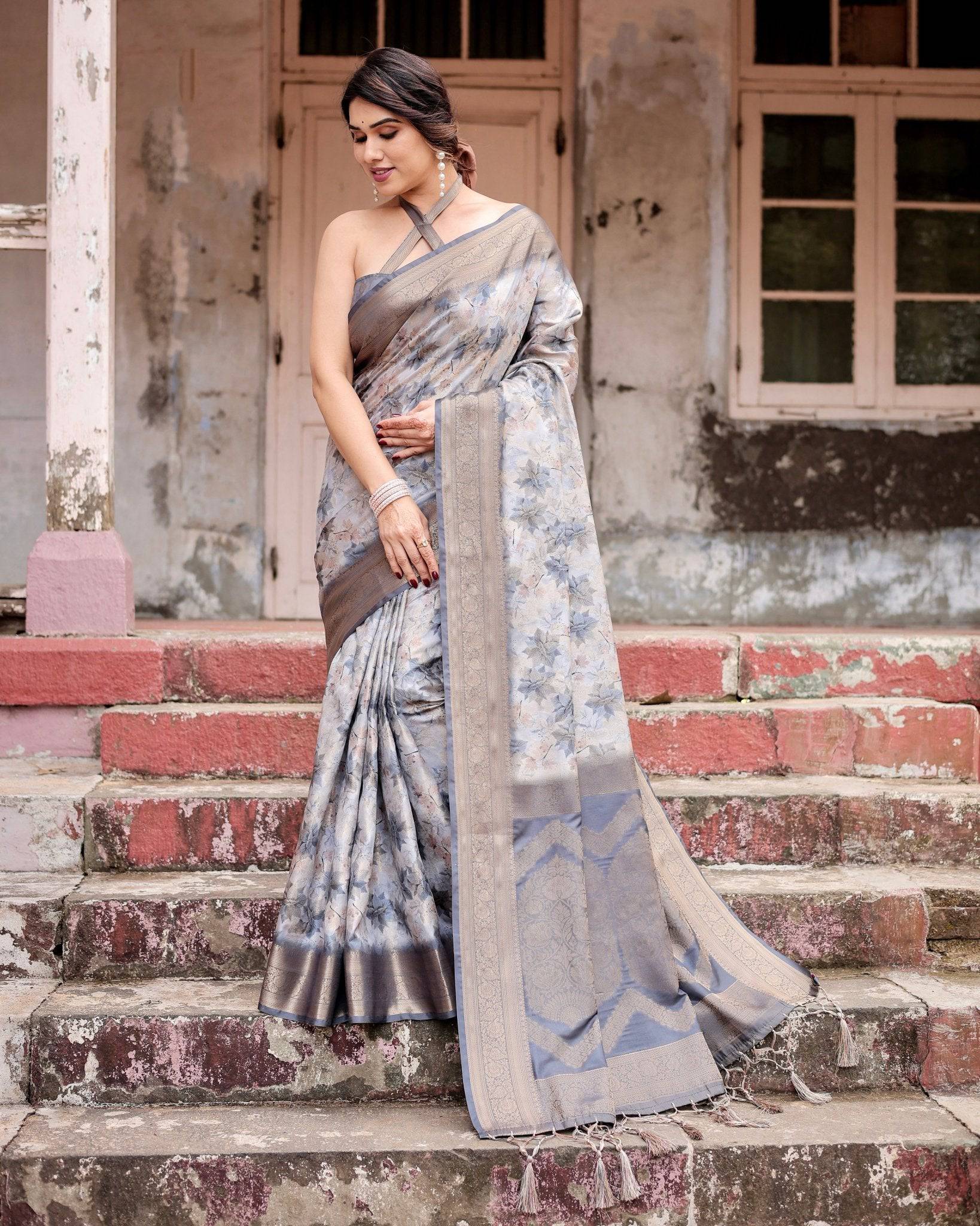 Pure Banarasi Silk Saree Weaved With Golden Zari Comes With Tassels