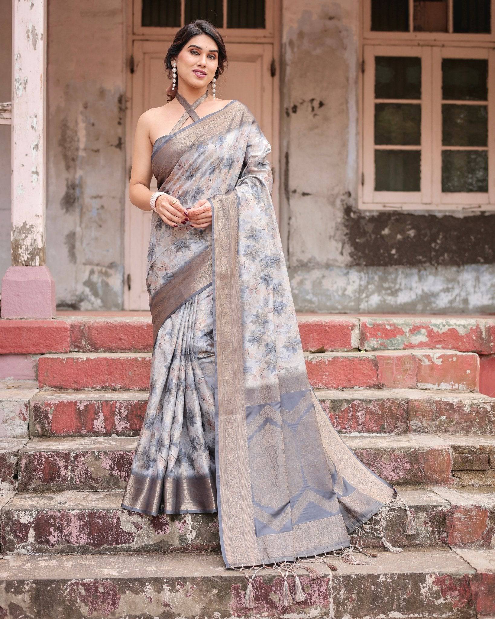 Pure Banarasi Silk Saree Weaved With Golden Zari Comes With Tassels