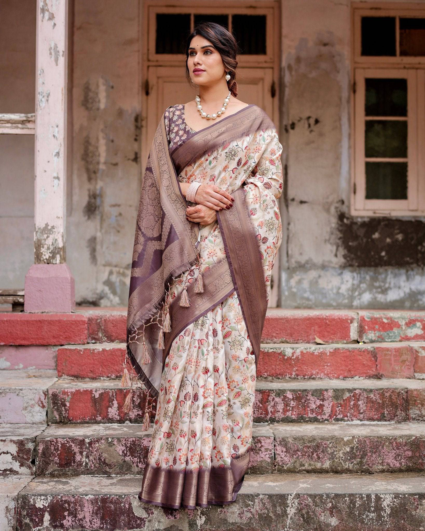 Pure Banarasi Silk Saree Weaved With Golden Zari Comes With Tassels