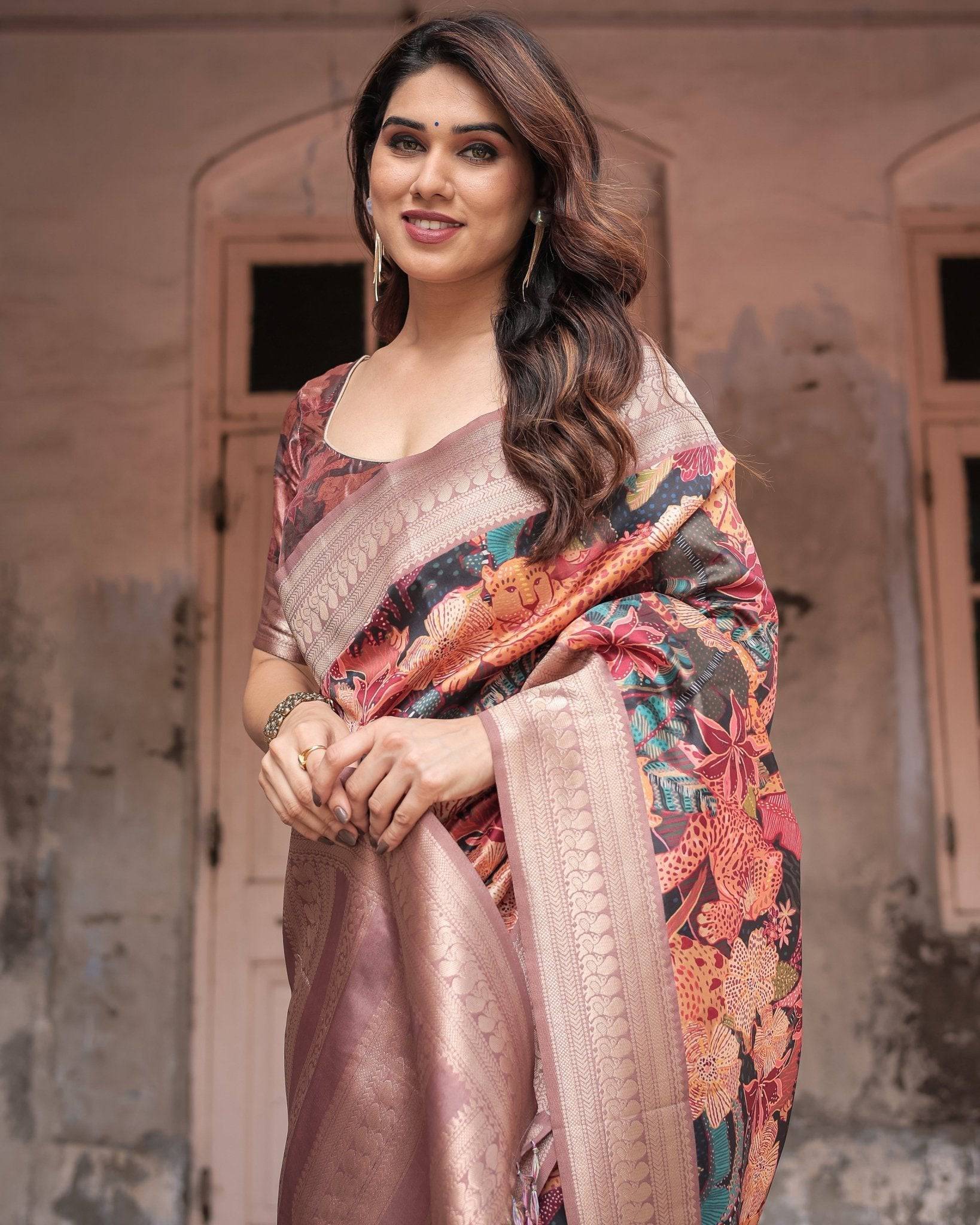 Pure Banarasi Digitally Printed Silk Saree Weaved With Zari Comes With Tassels