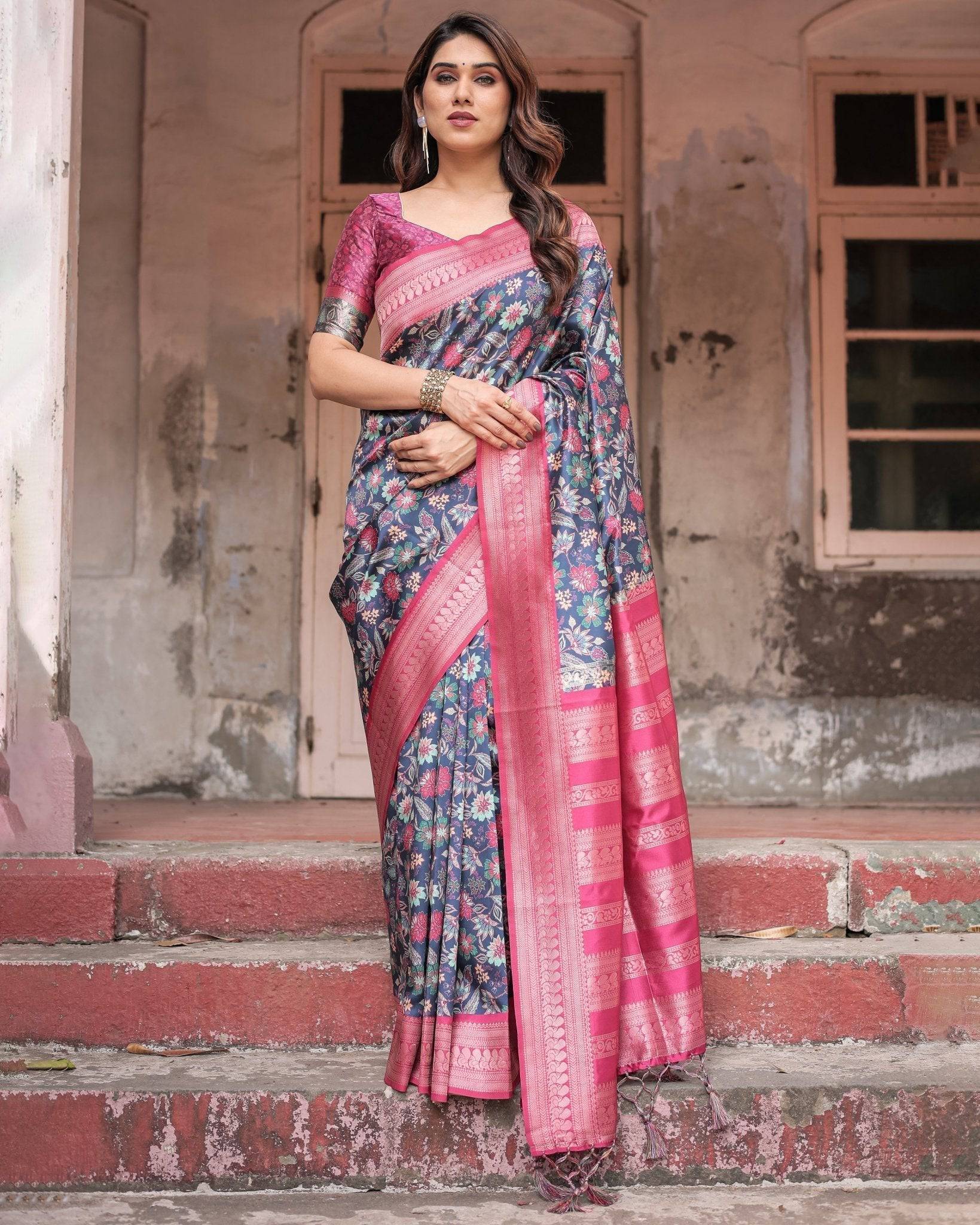 Pure Banarasi Digitally Printed Silk Saree Weaved With Zari Comes With Tassels