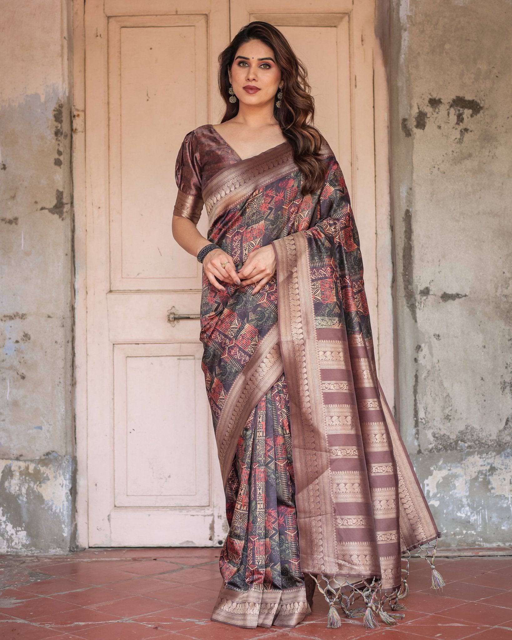 Pure Banarasi Digitally Printed Silk Saree Weaved With Zari Comes With Tassels.