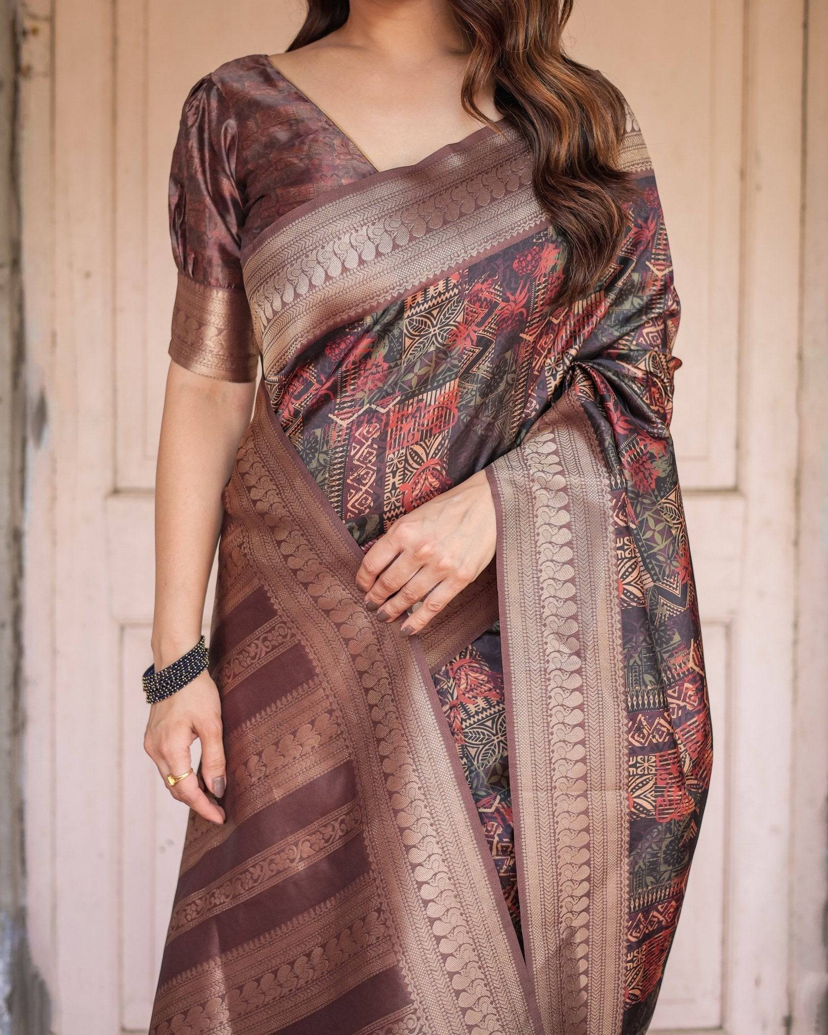 Pure Banarasi Digitally Printed Silk Saree Weaved With Zari Comes With Tassels.