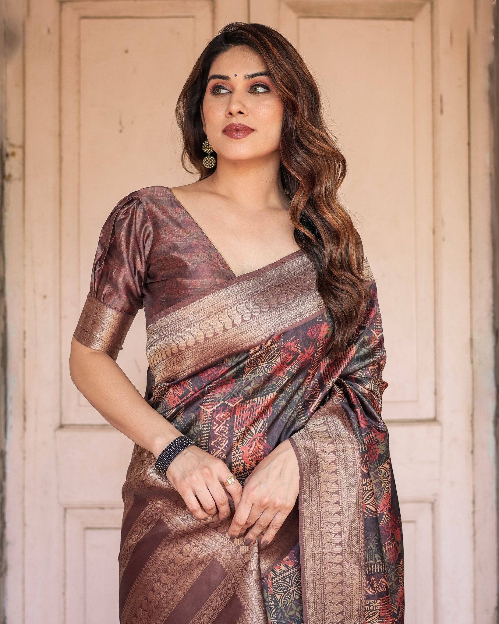 Pure Banarasi Digitally Printed Silk Saree Weaved With Zari Comes With Tassels. - Fashion Dream Studio