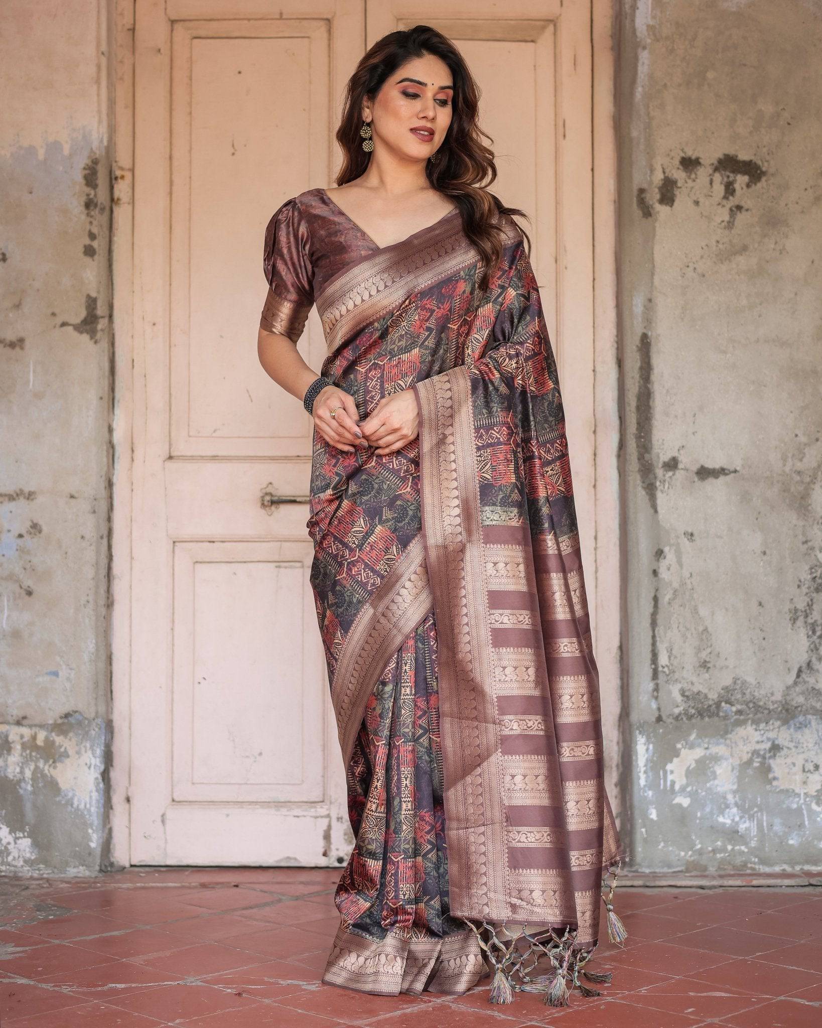 Pure Banarasi Digitally Printed Silk Saree Weaved With Zari Comes With Tassels. - Fashion Dream Studio