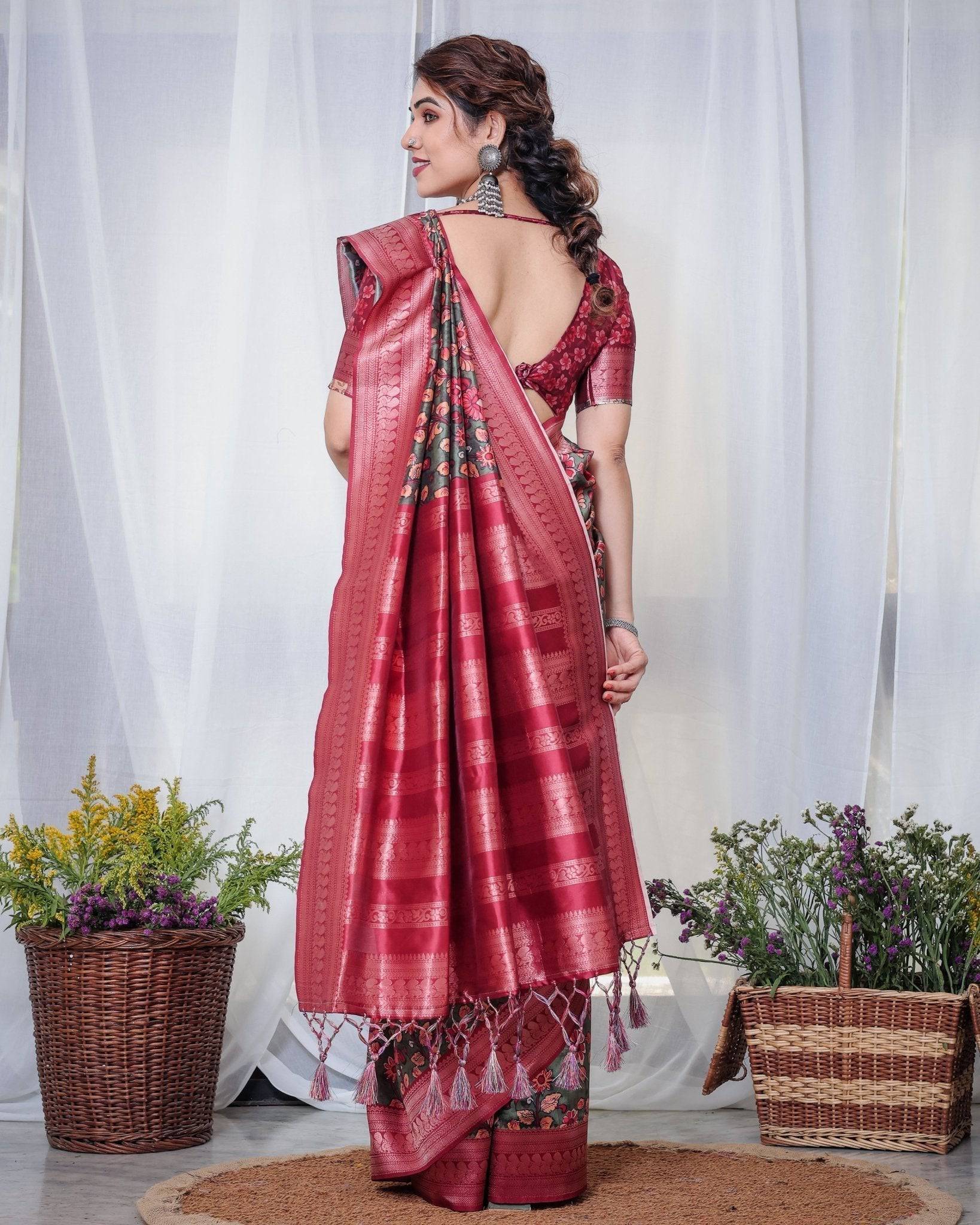 Pure Banarasi Digitally Printed Silk Saree Weaved With Zari Comes With Tassels.