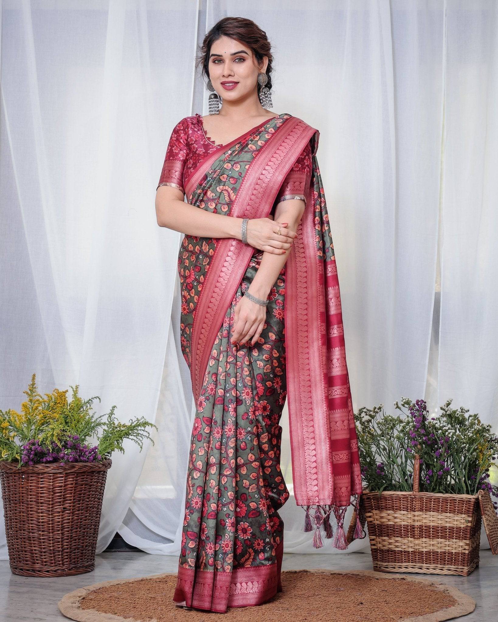 Pure Banarasi Digitally Printed Silk Saree Weaved With Zari Comes With Tassels.