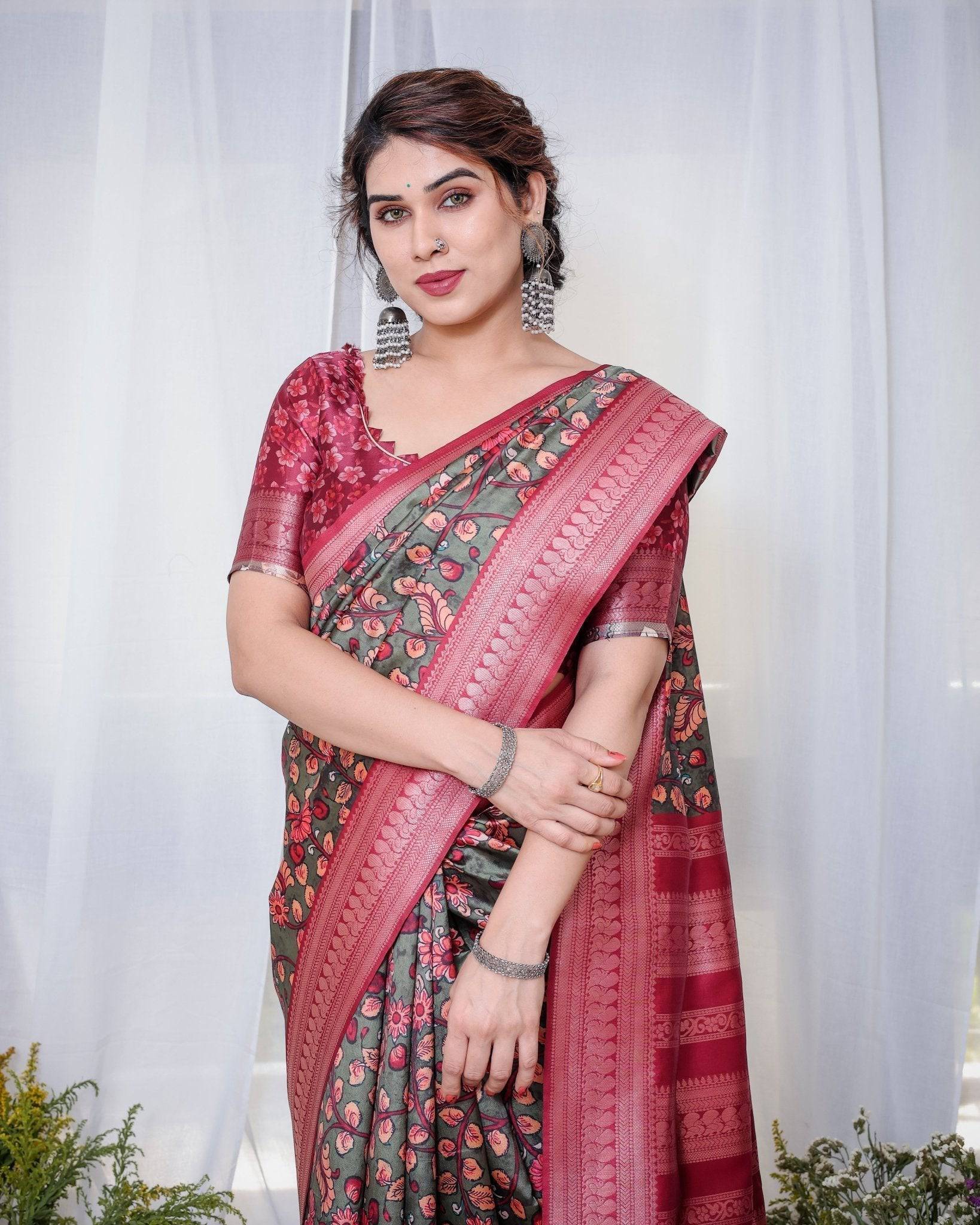 Pure Banarasi Digitally Printed Silk Saree Weaved With Zari Comes With Tassels.