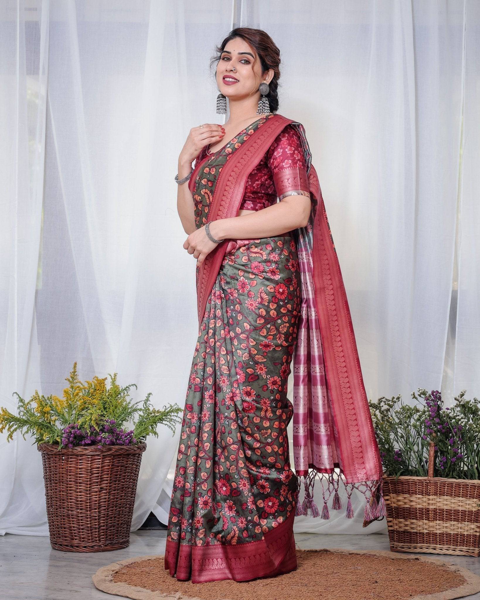 Pure Banarasi Digitally Printed Silk Saree Weaved With Zari Comes With Tassels.