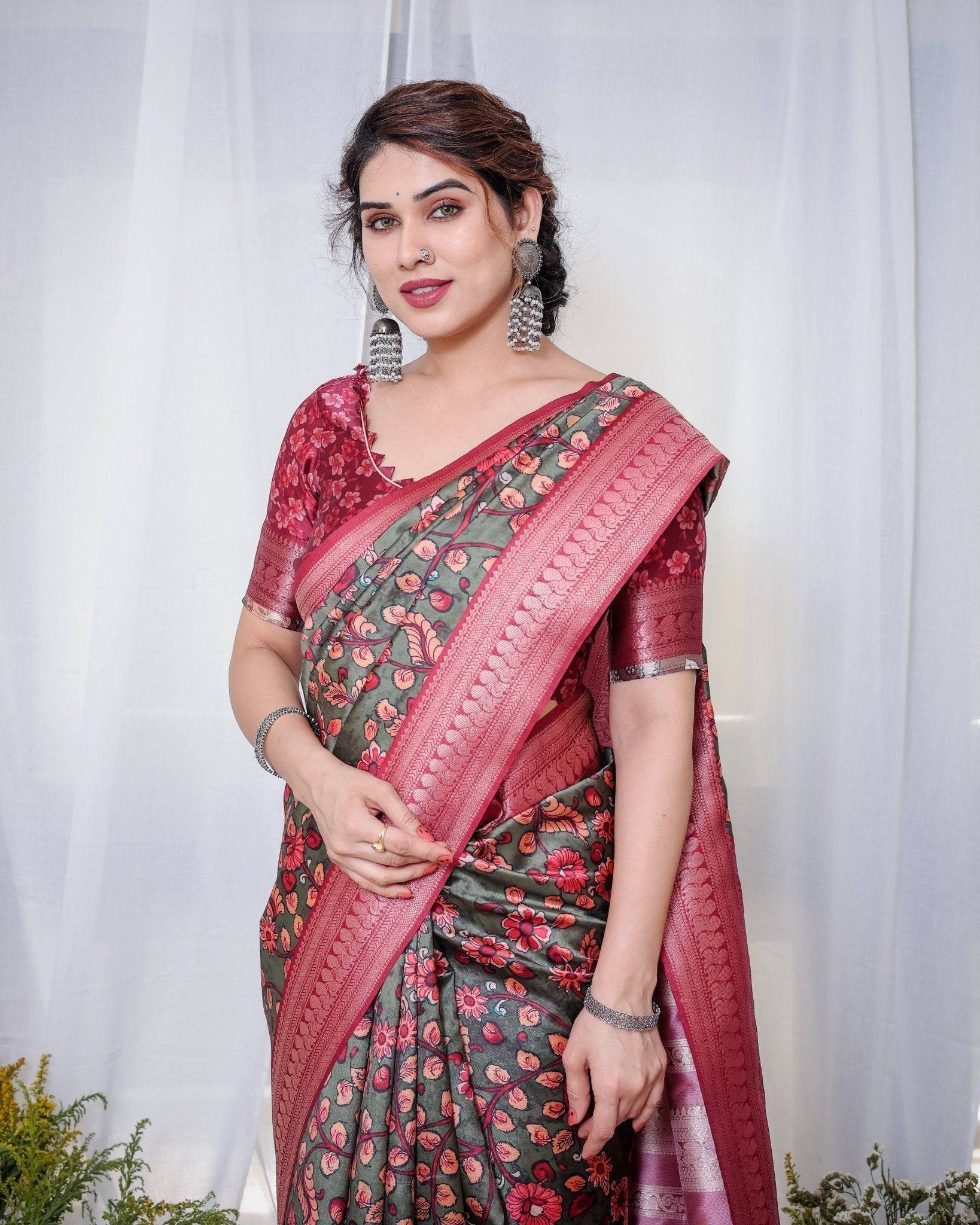 Pure Banarasi Digitally Printed Silk Saree Weaved With Zari Comes With Tassels.