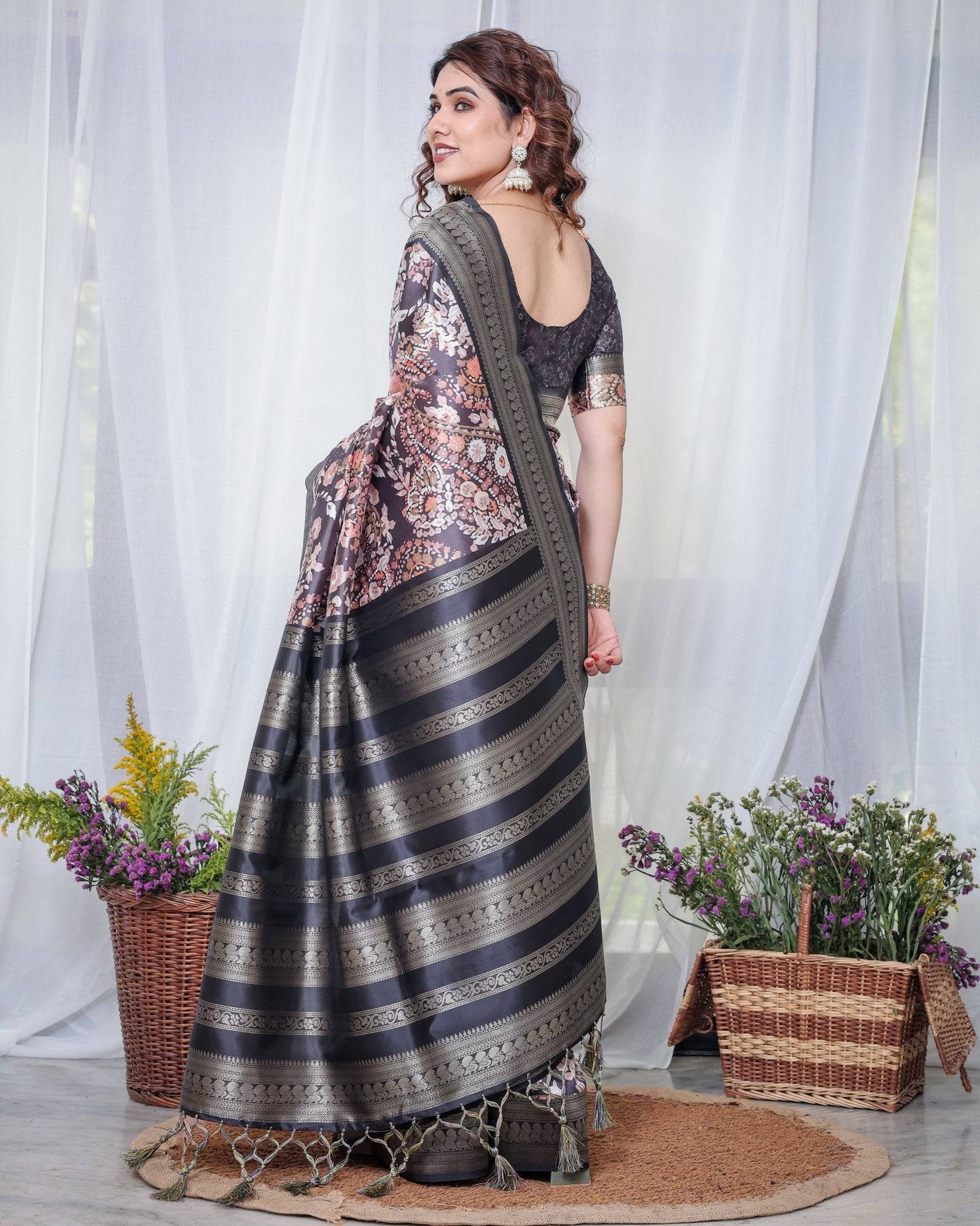 Pure Banarasi Digitally Printed Silk Saree Weaved With Zari Comes With Tassels. - Fashion Dream Studio