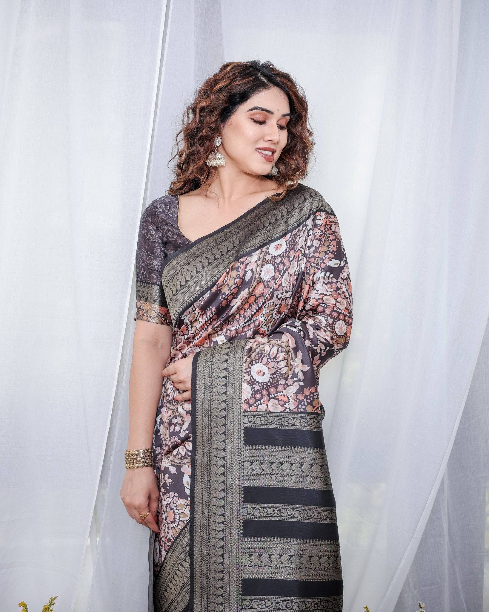 Pure Banarasi Digitally Printed Silk Saree Weaved With Zari Comes With Tassels. - Fashion Dream Studio