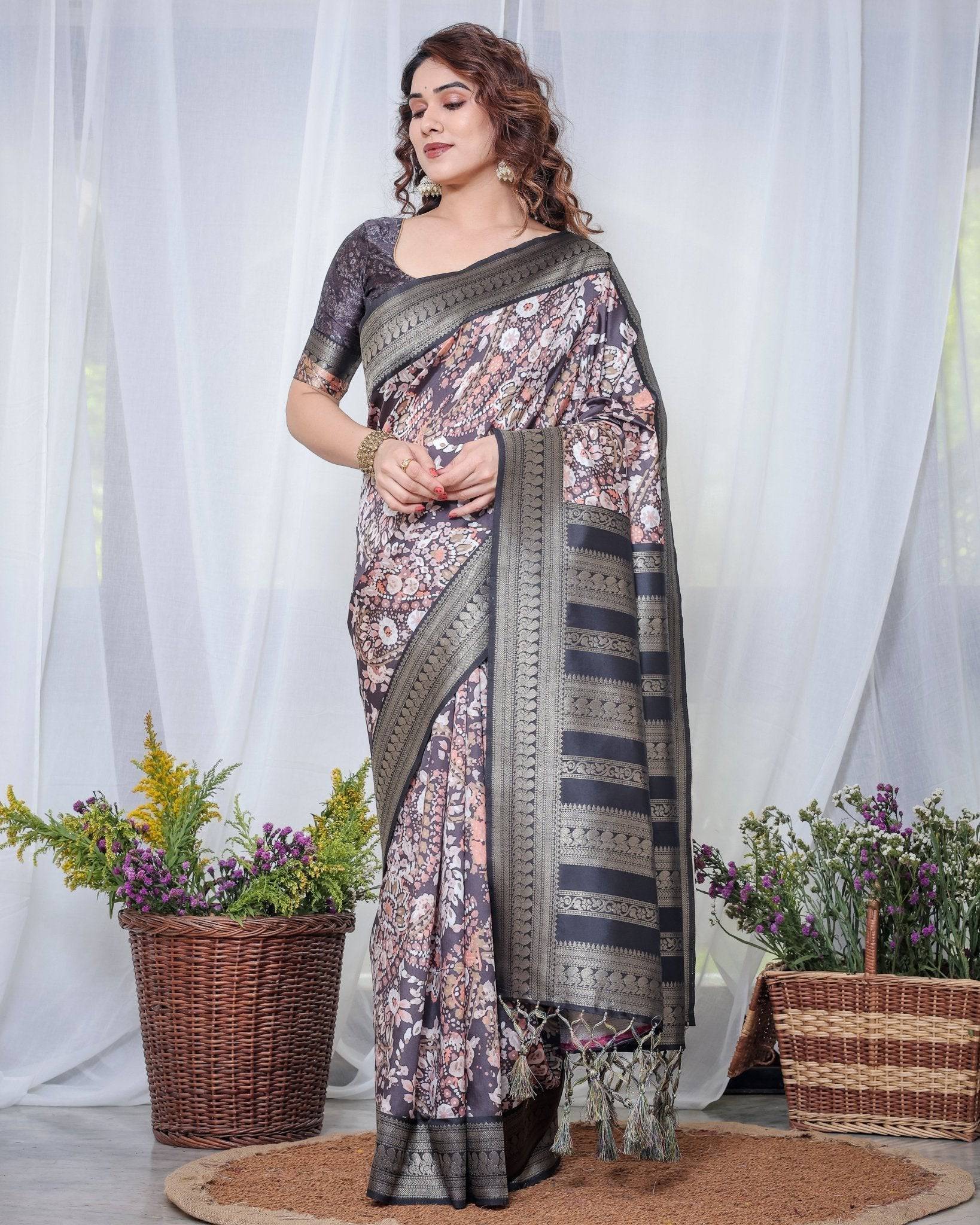 Pure Banarasi Digitally Printed Silk Saree Weaved With Zari Comes With Tassels. - Fashion Dream Studio