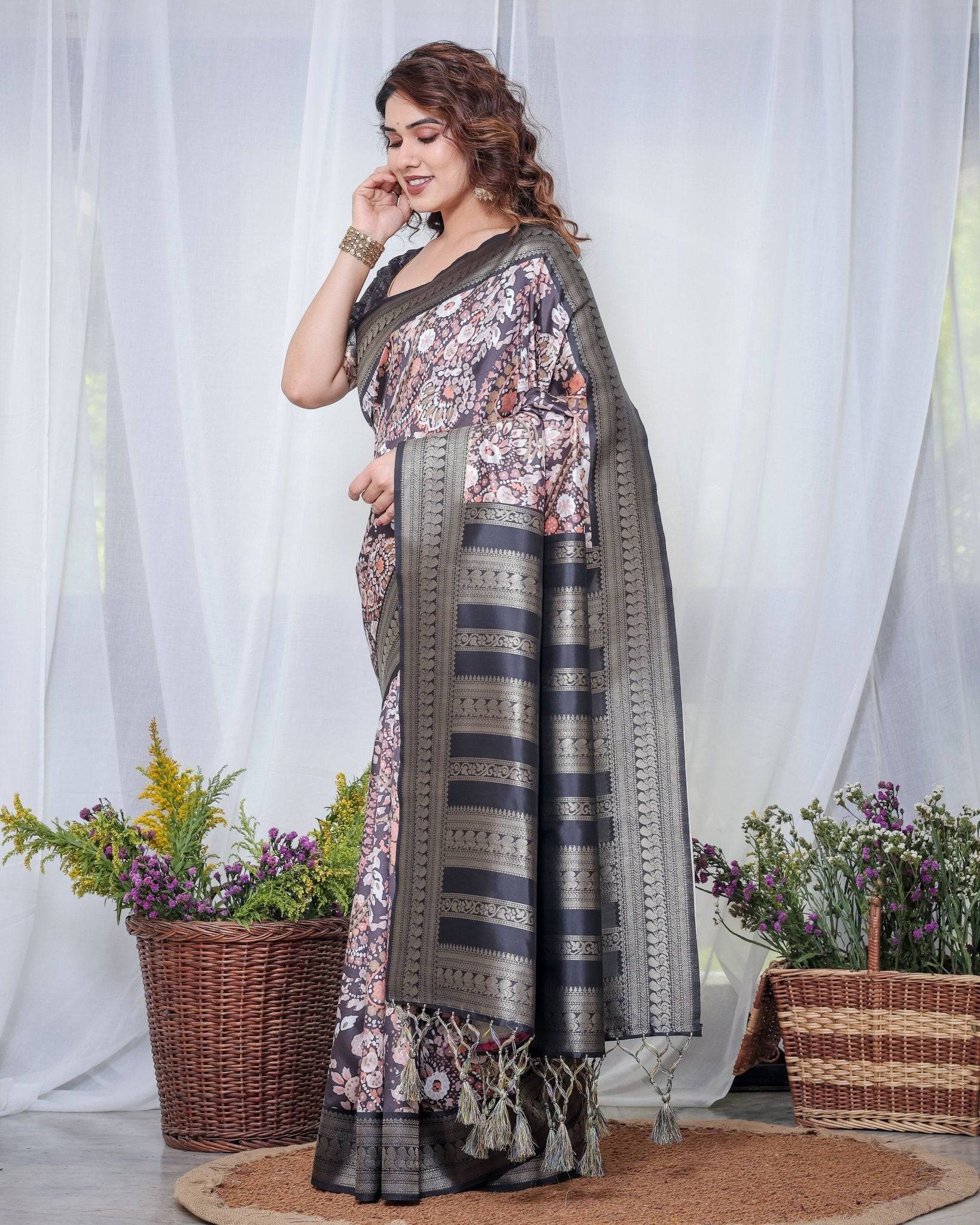 Pure Banarasi Digitally Printed Silk Saree Weaved With Zari Comes With Tassels. - Fashion Dream Studio