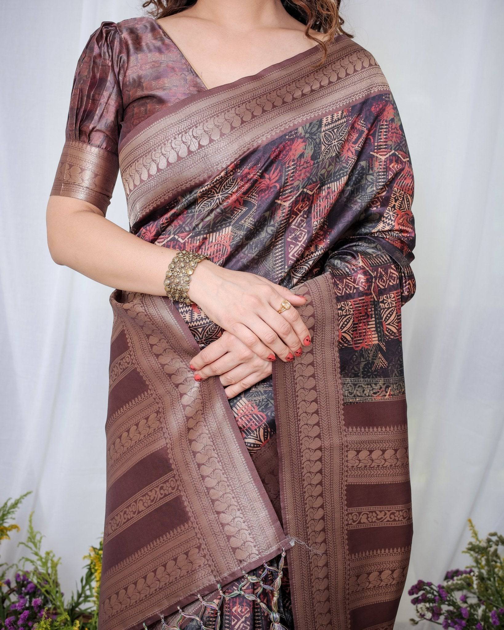 Pure Banarasi Digitally Printed Silk Saree Weaved With Zari Comes With Tassels.