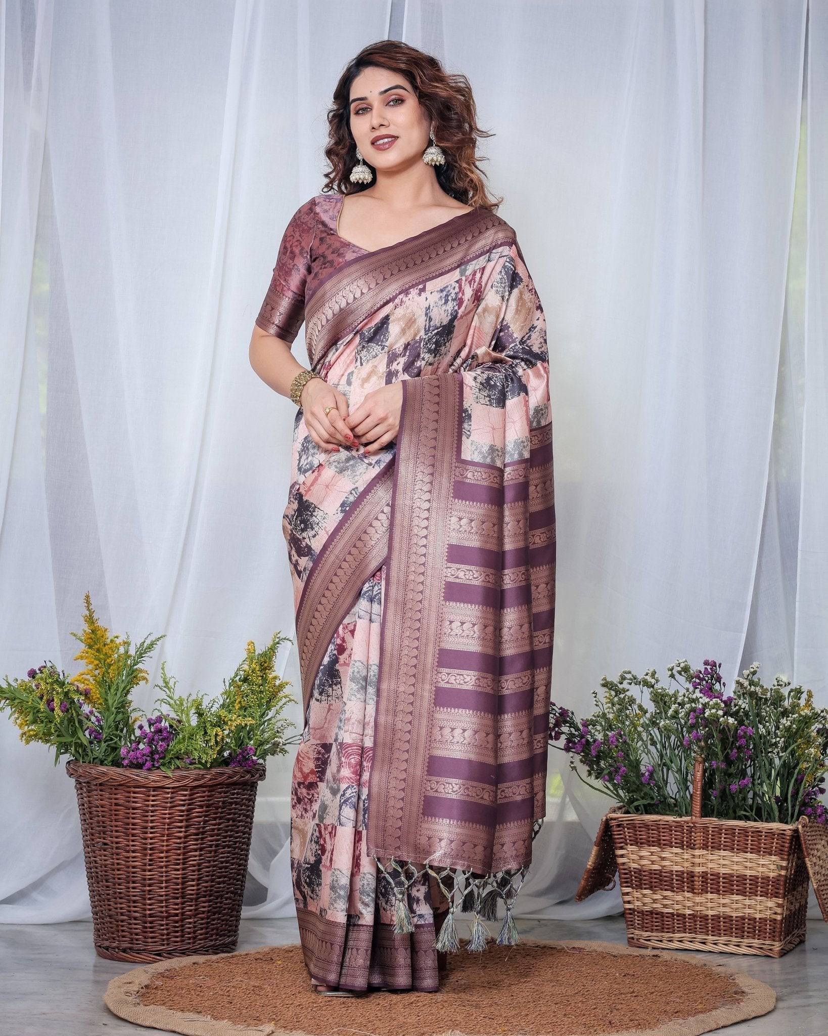 Pure Banarasi Digitally Printed Silk Saree Weaved With Zari Comes With Tassels.