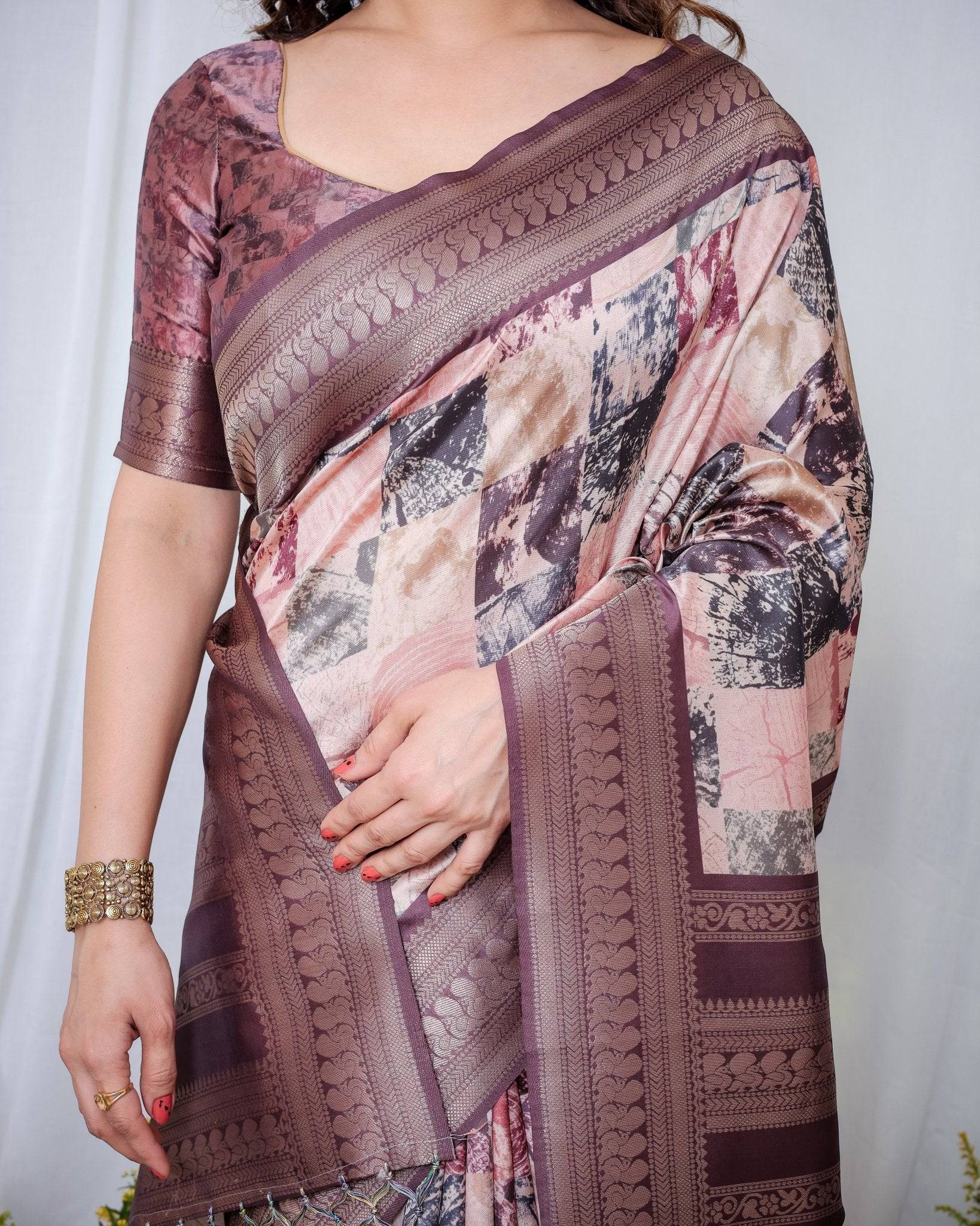 Pure Banarasi Digitally Printed Silk Saree Weaved With Zari Comes With Tassels.