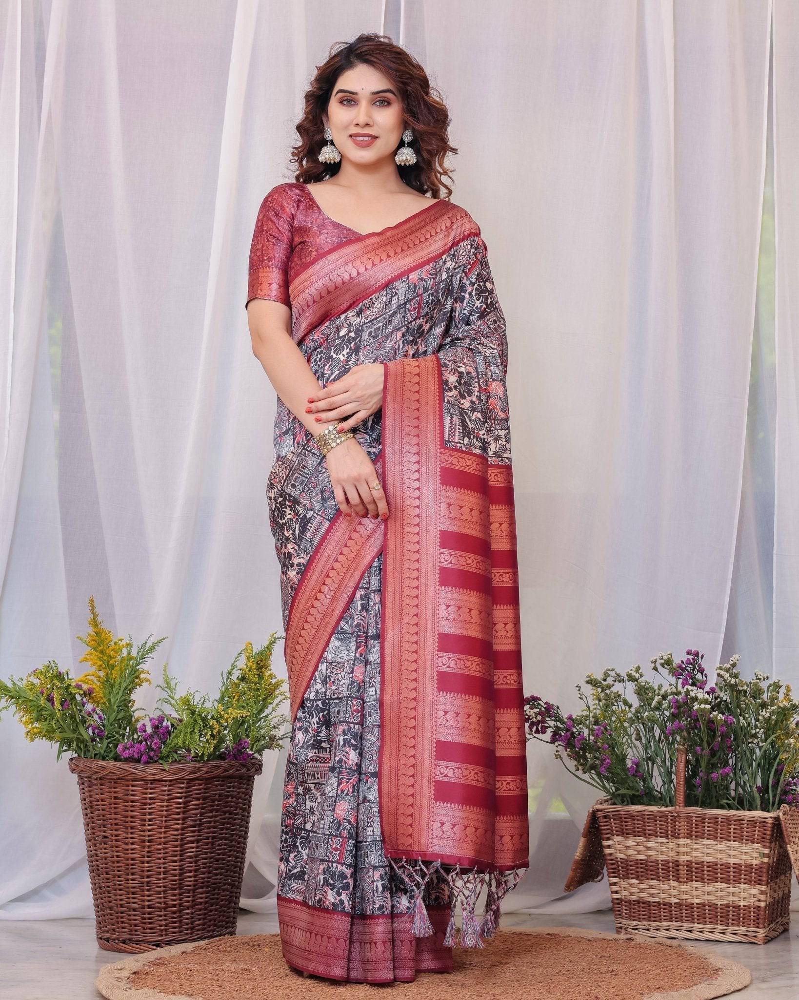 Pure Banarasi Digitally Printed Silk Saree Weaved With Zari Comes With Tassels.