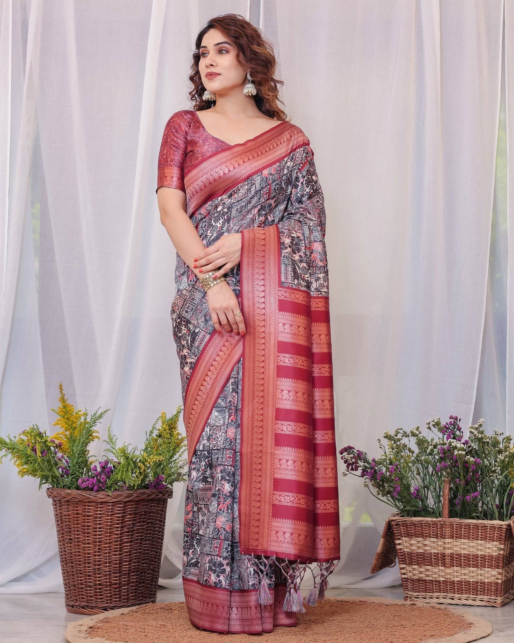 Pure Banarasi Digitally Printed Silk Saree Weaved With Zari Comes With Tassels.