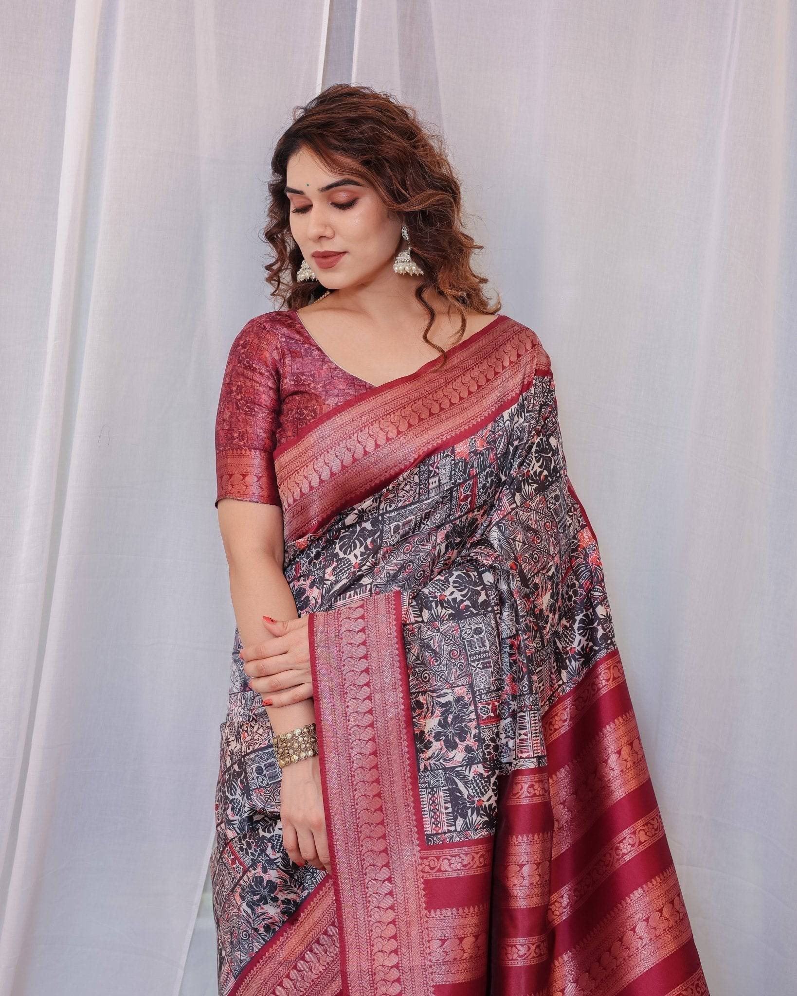 Pure Banarasi Digitally Printed Silk Saree Weaved With Zari Comes With Tassels.