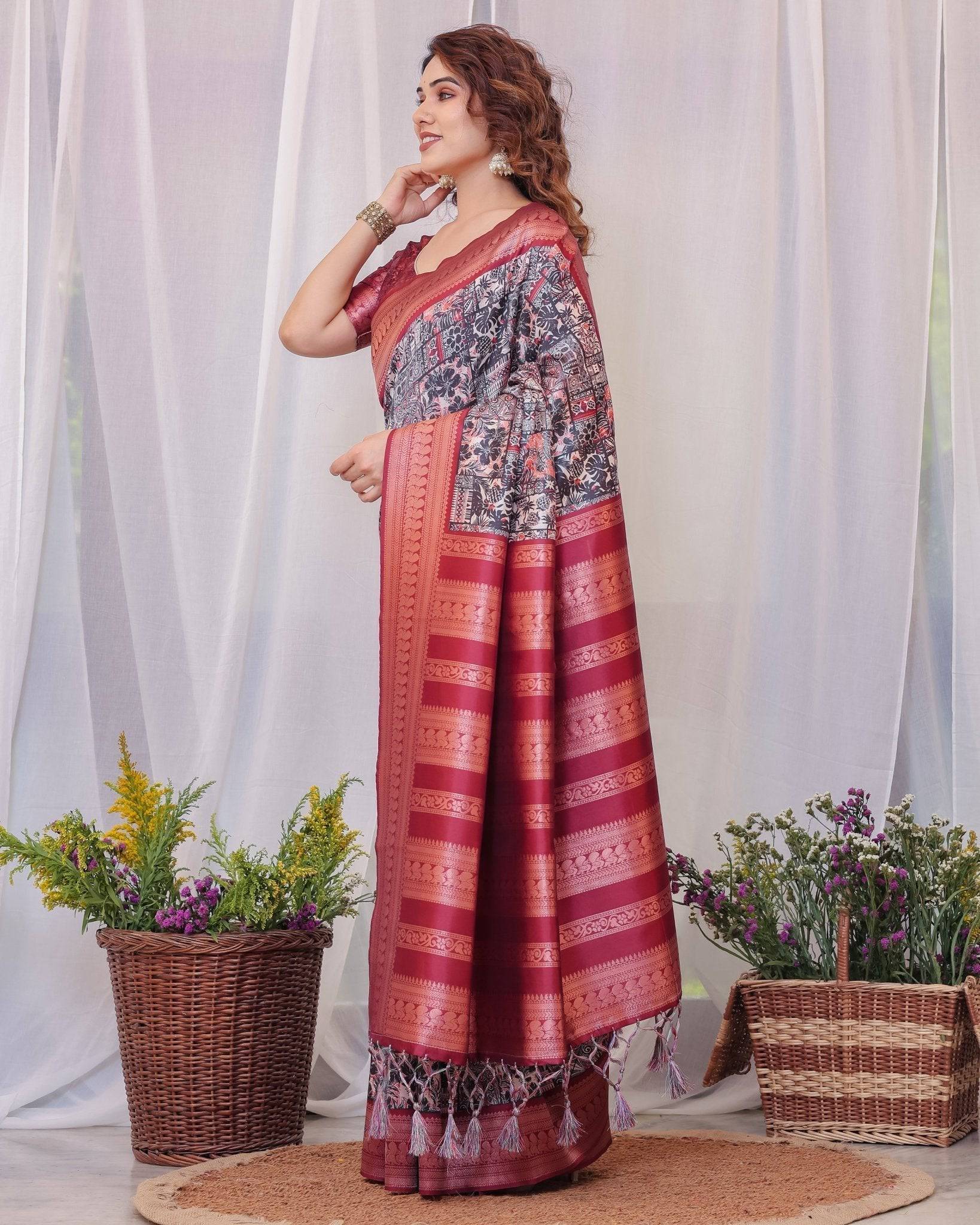 Pure Banarasi Digitally Printed Silk Saree Weaved With Zari Comes With Tassels.