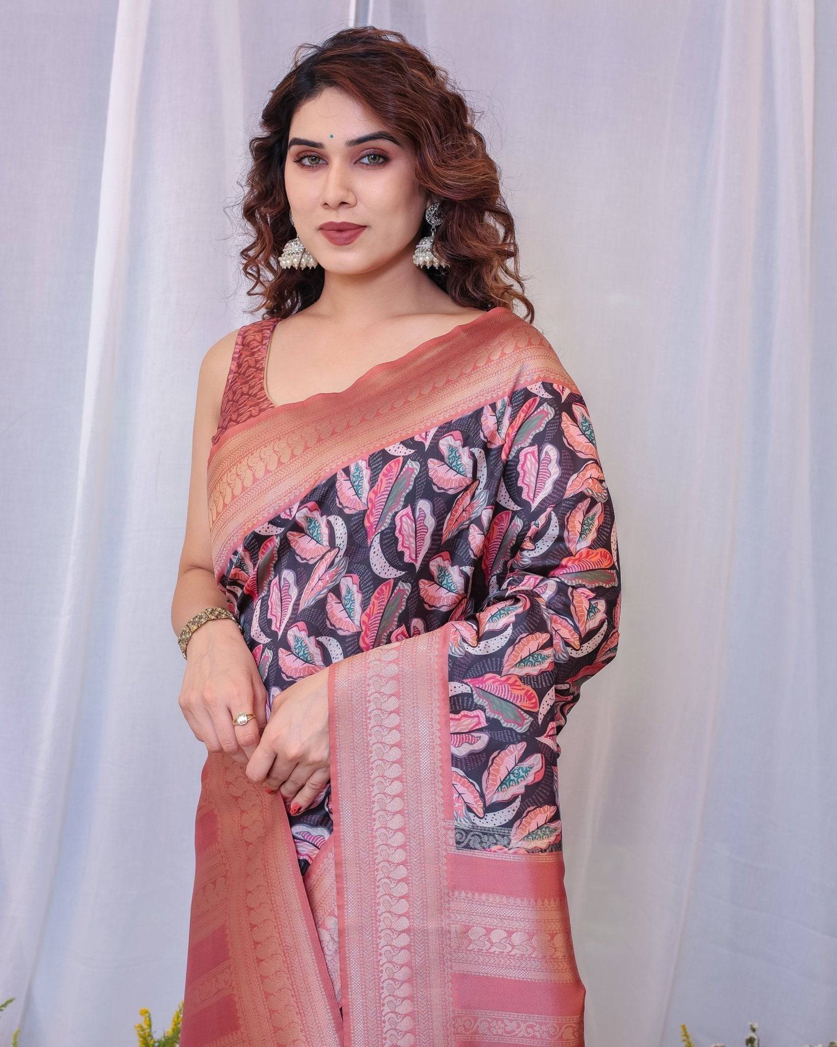 Pure Banarasi Digitally Printed Silk Saree Weaved With Zari Comes With Tassels. - Fashion Dream Studio