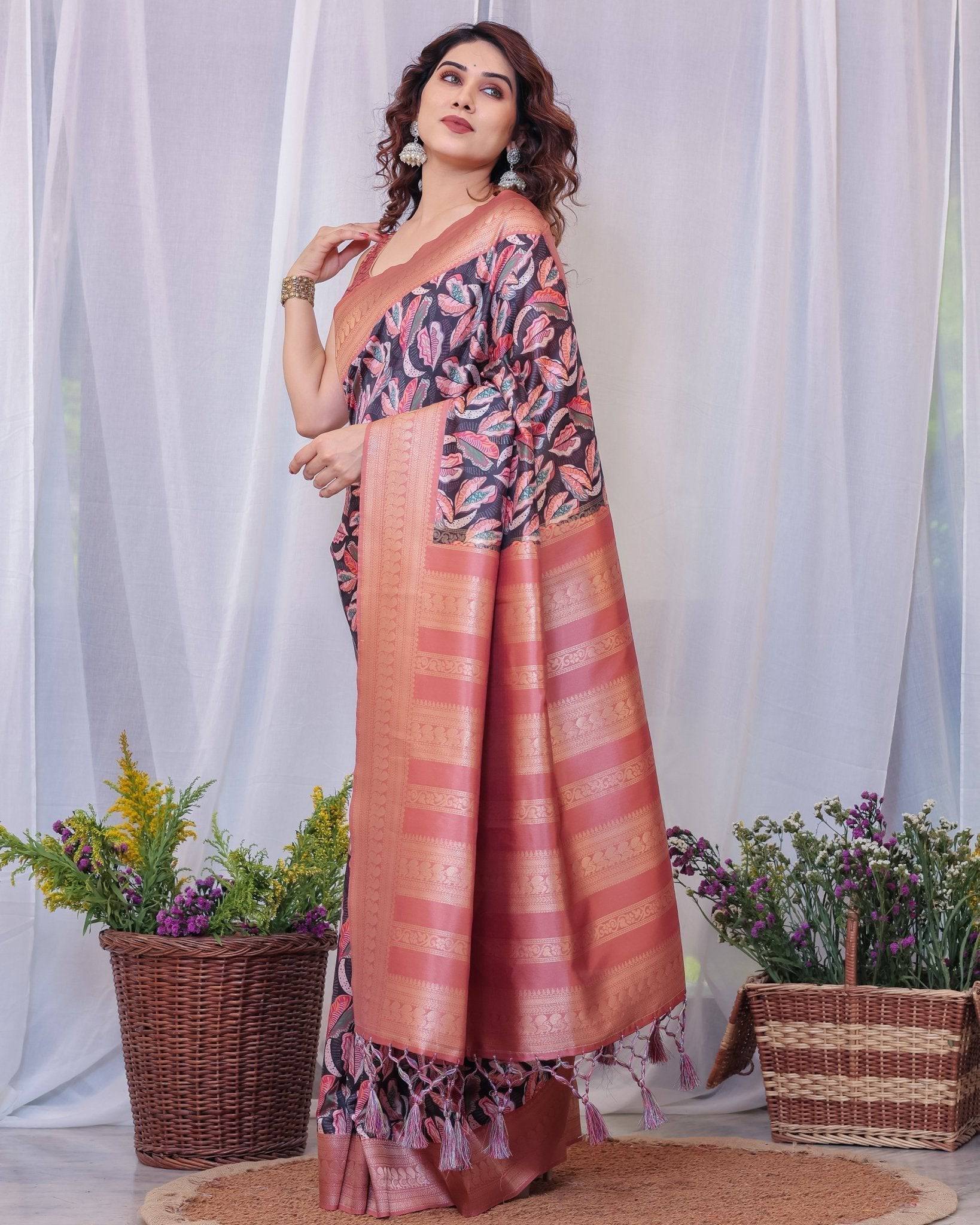 Pure Banarasi Digitally Printed Silk Saree Weaved With Zari Comes With Tassels. - Fashion Dream Studio