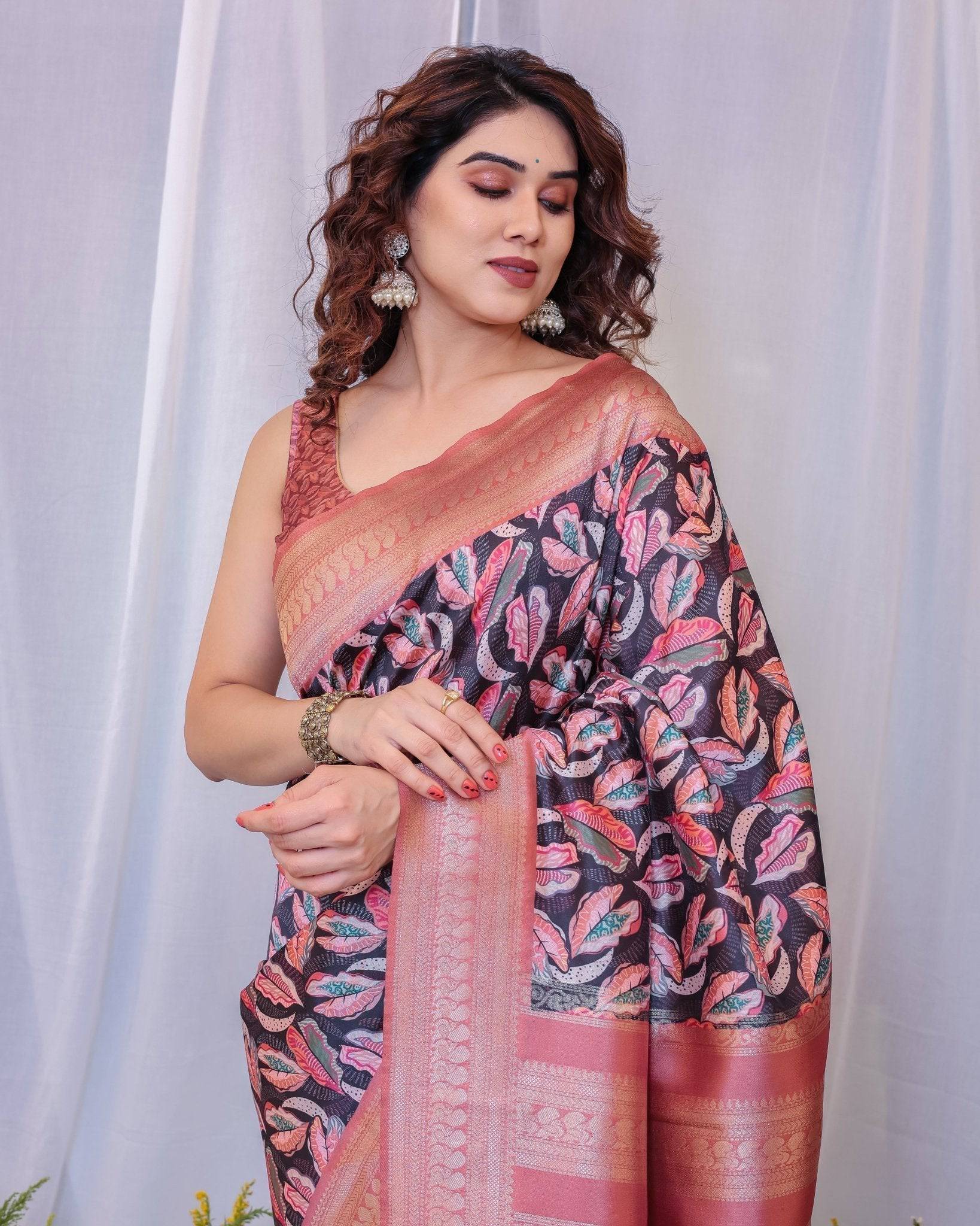 Pure Banarasi Digitally Printed Silk Saree Weaved With Zari Comes With Tassels. - Fashion Dream Studio