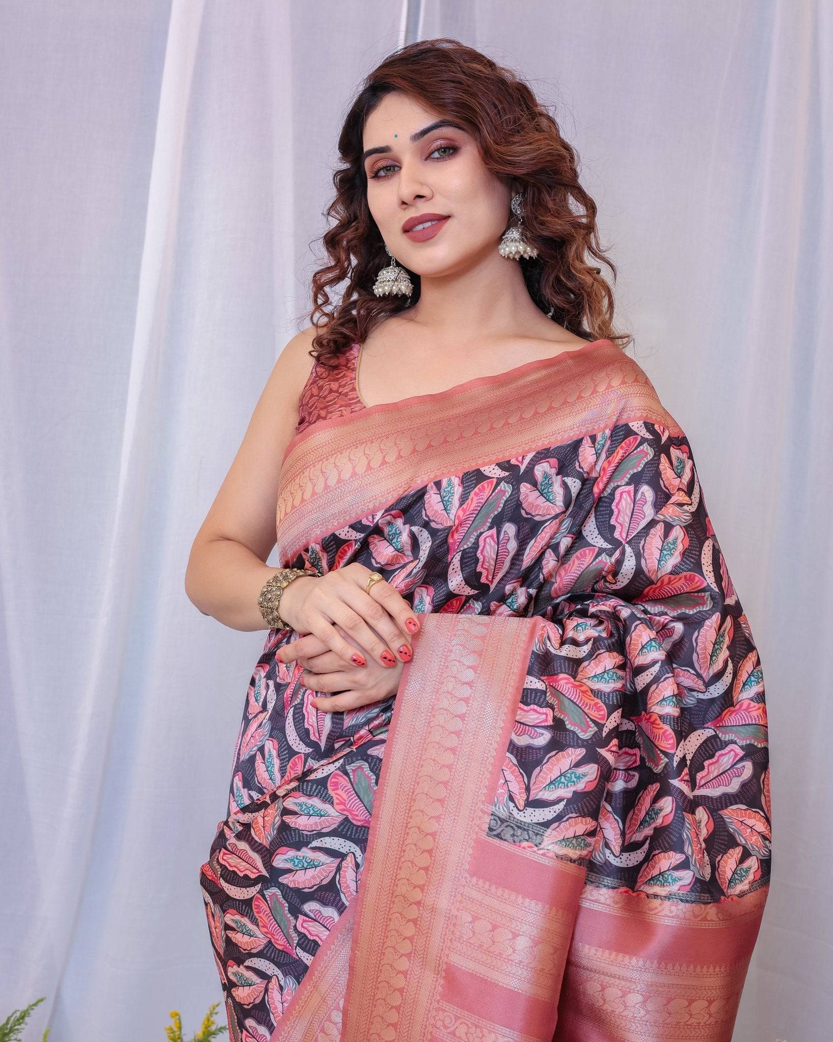 Pure Banarasi Digitally Printed Silk Saree Weaved With Zari Comes With Tassels. - Fashion Dream Studio