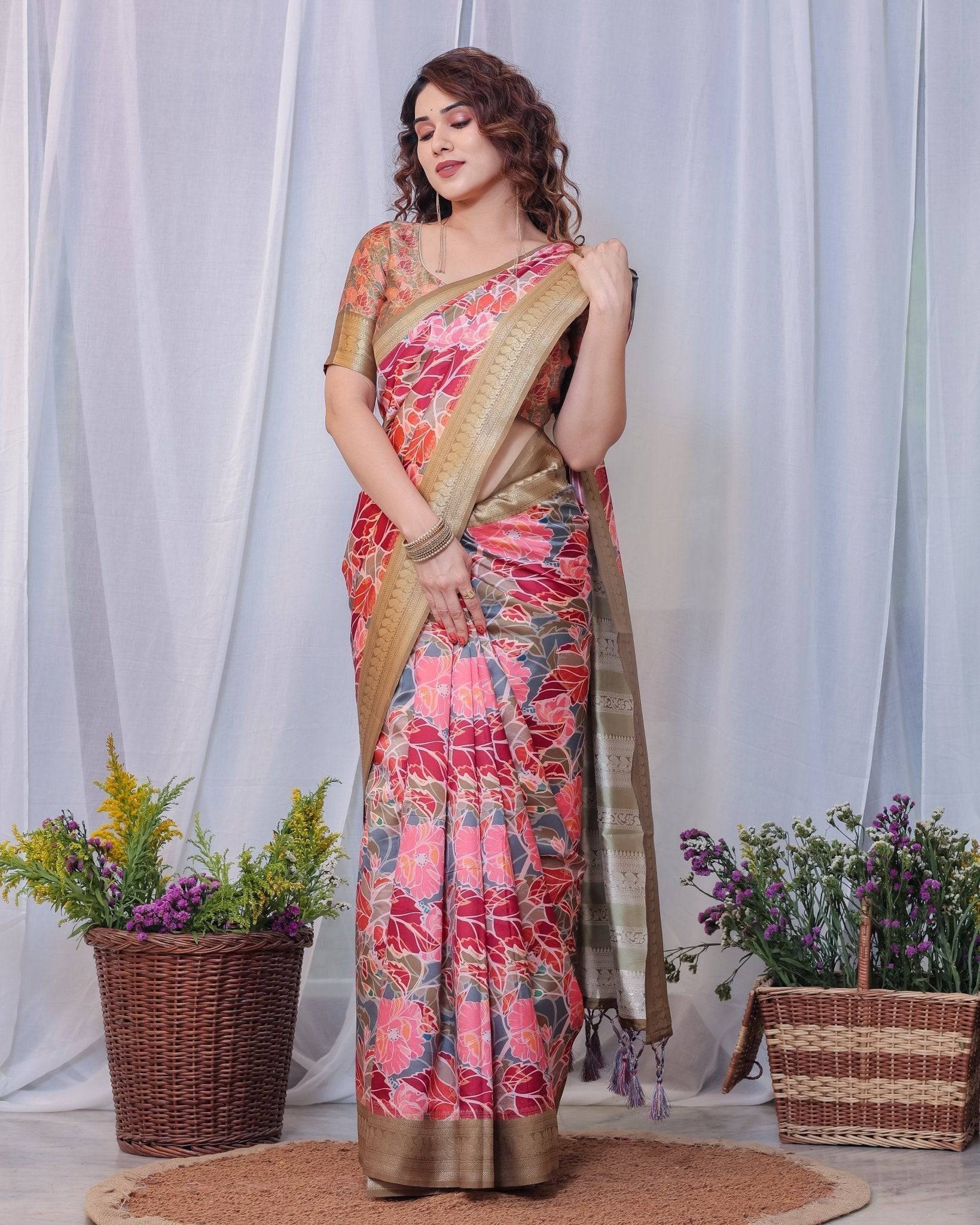 Pure Banarasi Digitally Printed Silk Saree Weaved With Zari Comes With Tassels.