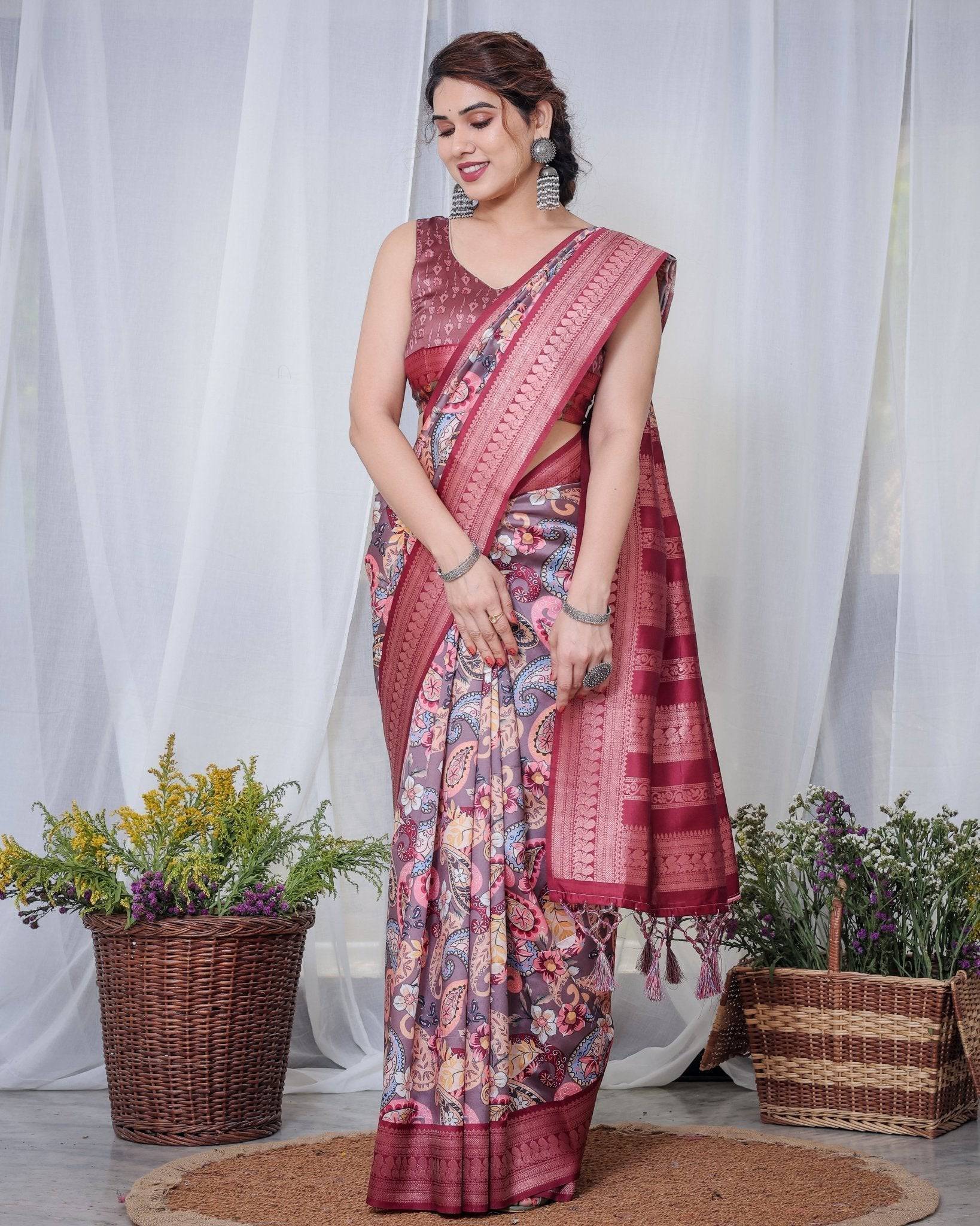 Pure Banarasi Digitally Printed Silk Saree Weaved With Zari Comes With Tassels.