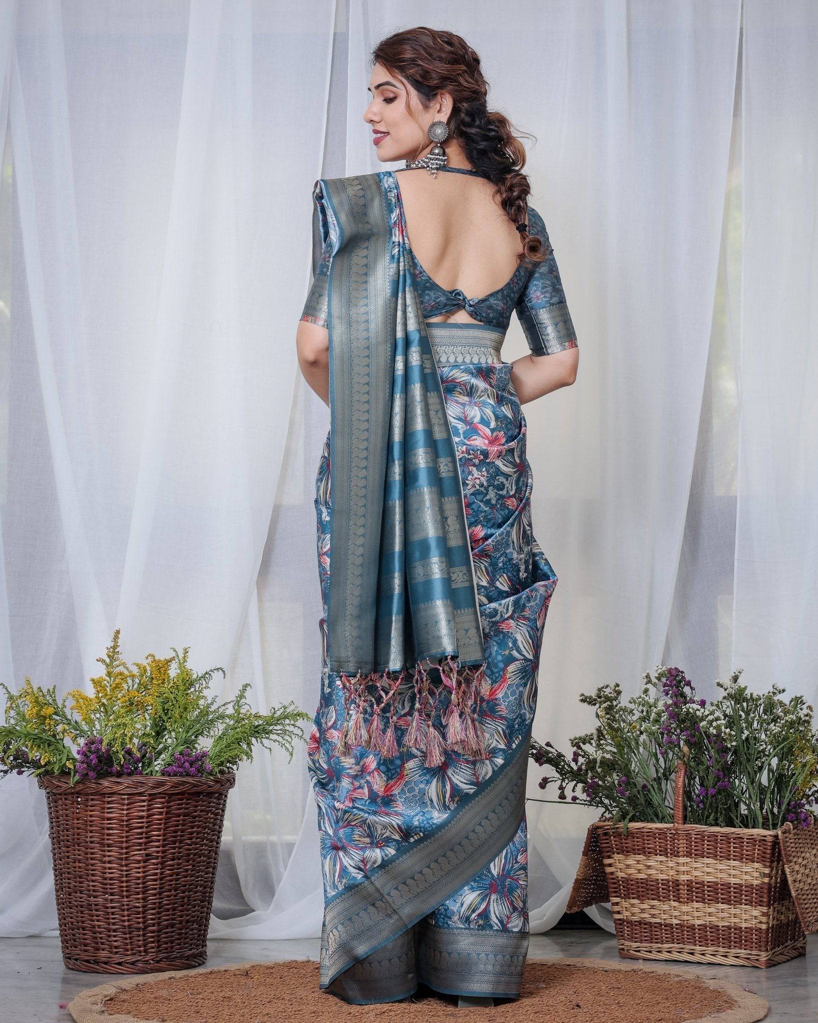 Pure Banarasi Digitally Printed Silk Saree Weaved With Zari Comes With Tassels. - Fashion Dream Studio