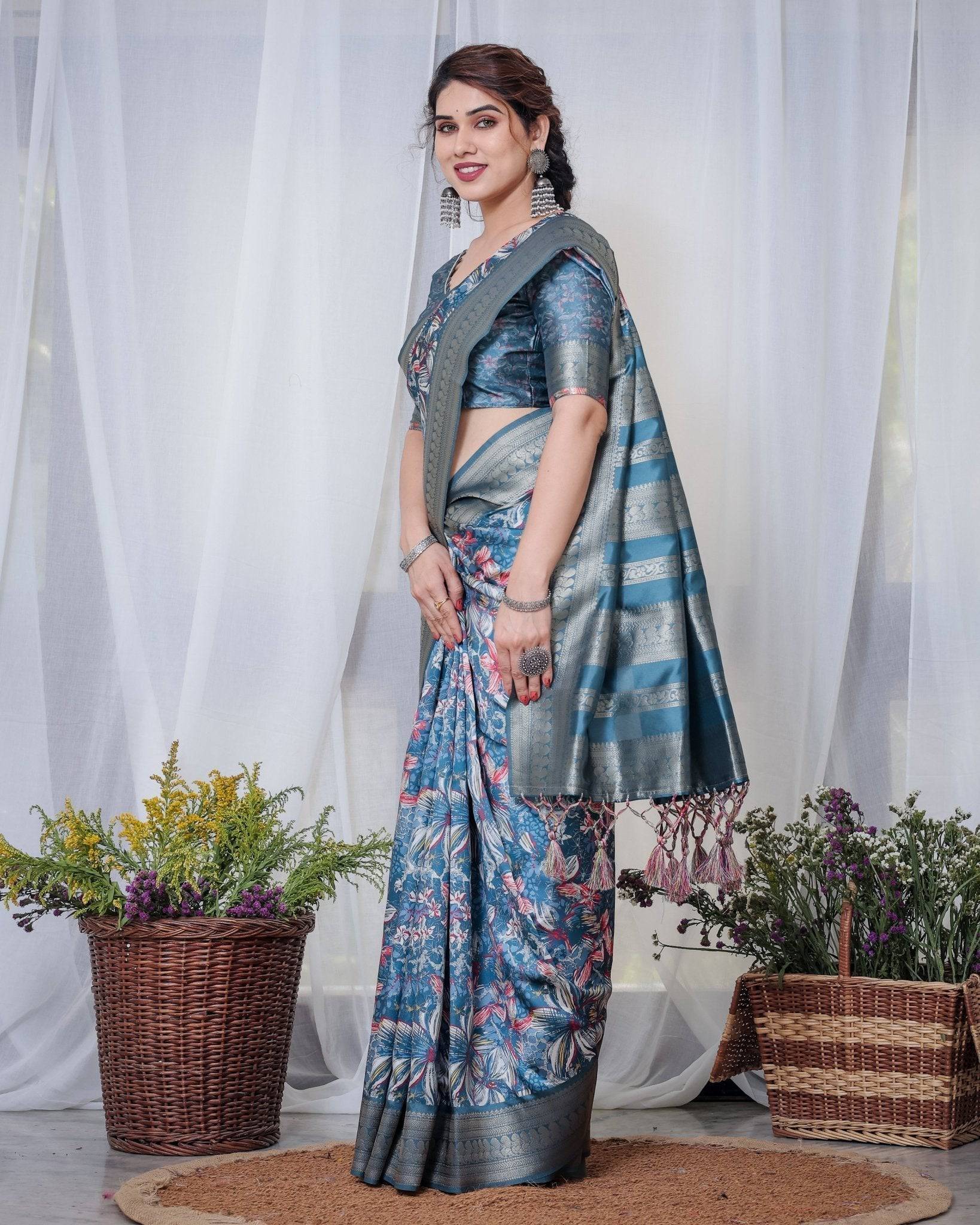 Pure Banarasi Digitally Printed Silk Saree Weaved With Zari Comes With Tassels. - Fashion Dream Studio