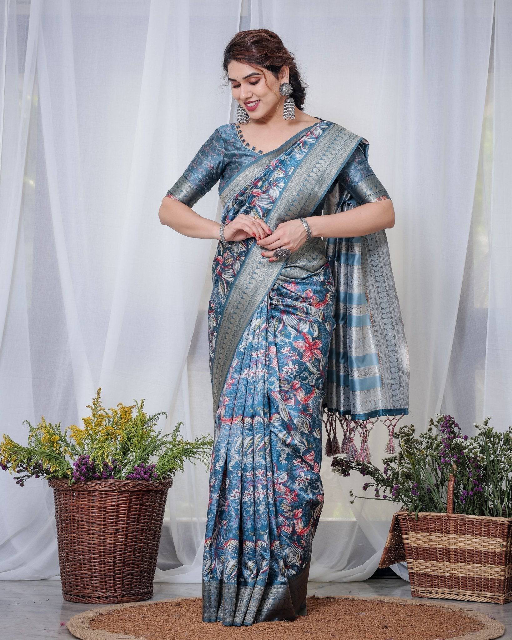 Pure Banarasi Digitally Printed Silk Saree Weaved With Zari Comes With Tassels. - Fashion Dream Studio