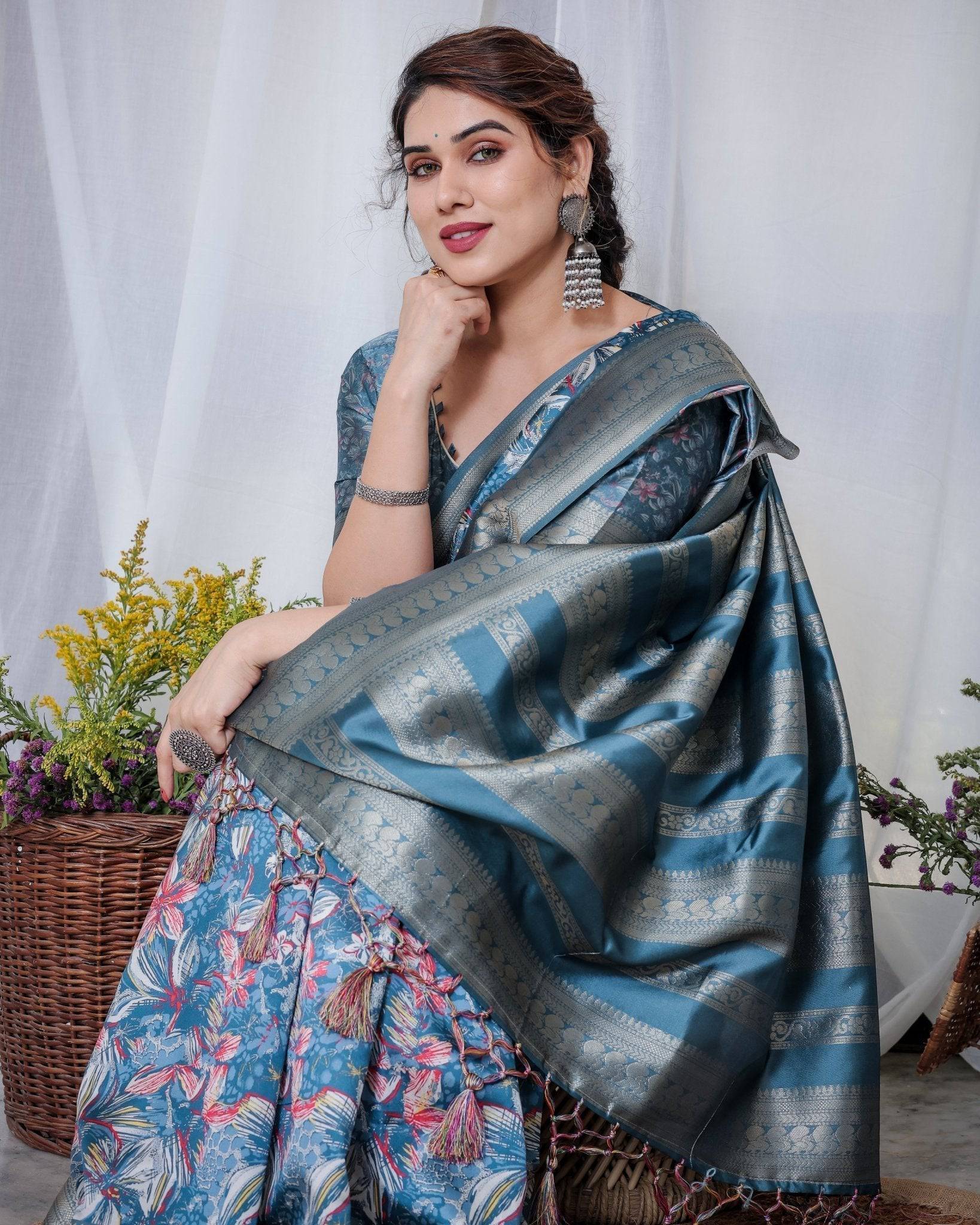 Pure Banarasi Digitally Printed Silk Saree Weaved With Zari Comes With Tassels. - Fashion Dream Studio