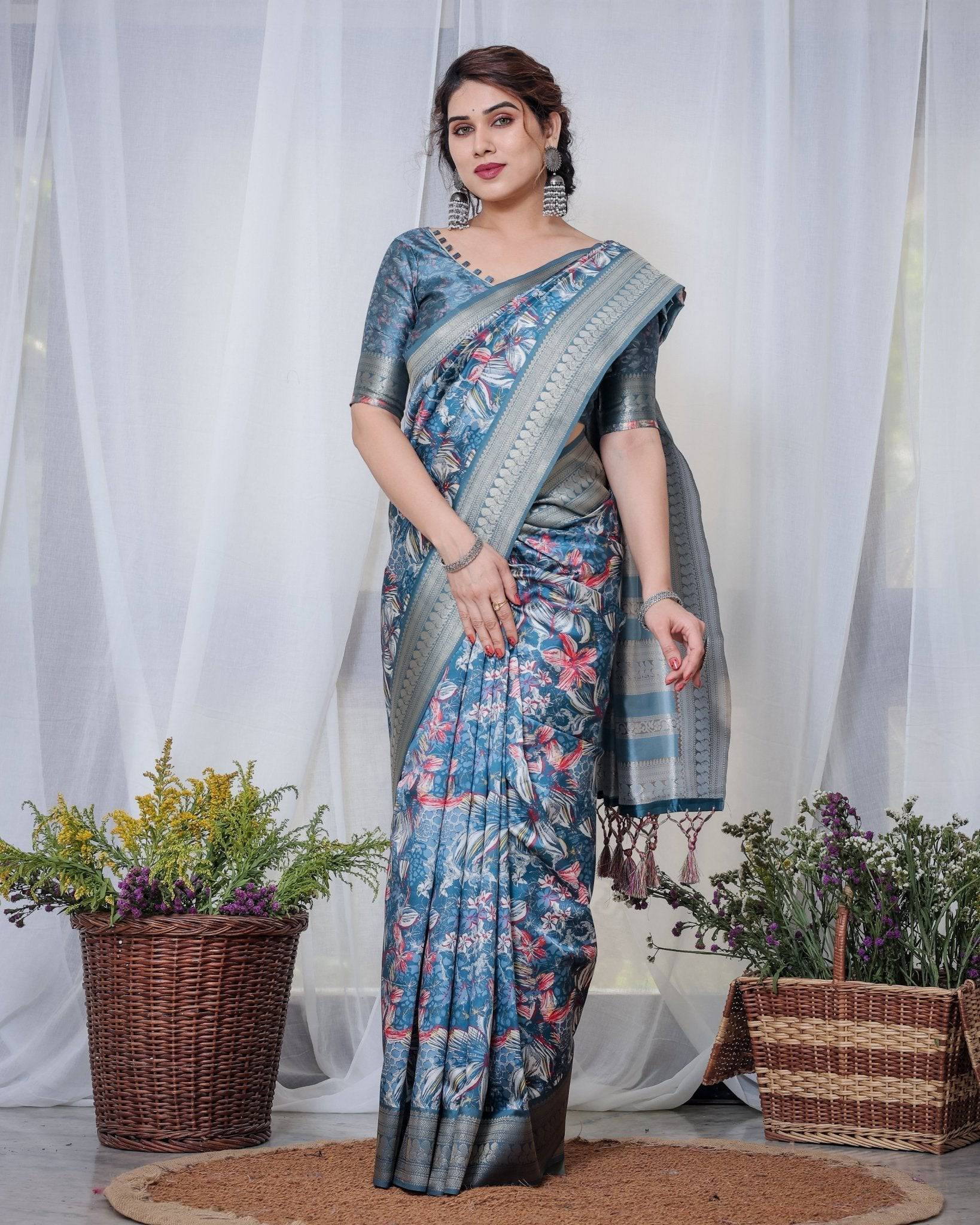 Pure Banarasi Digitally Printed Silk Saree Weaved With Zari Comes With Tassels. - Fashion Dream Studio