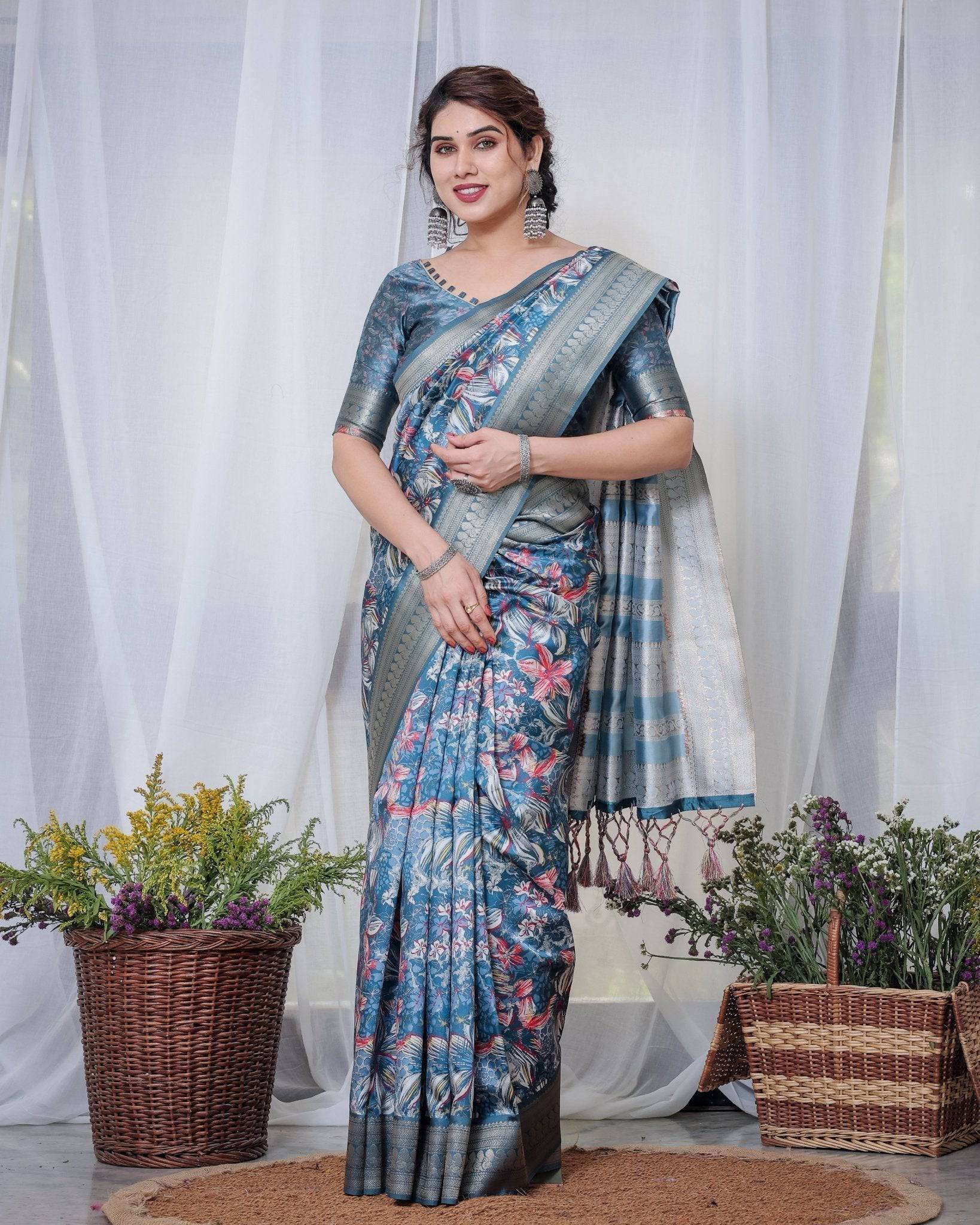 Pure Banarasi Digitally Printed Silk Saree Weaved With Zari Comes With Tassels. - Fashion Dream Studio