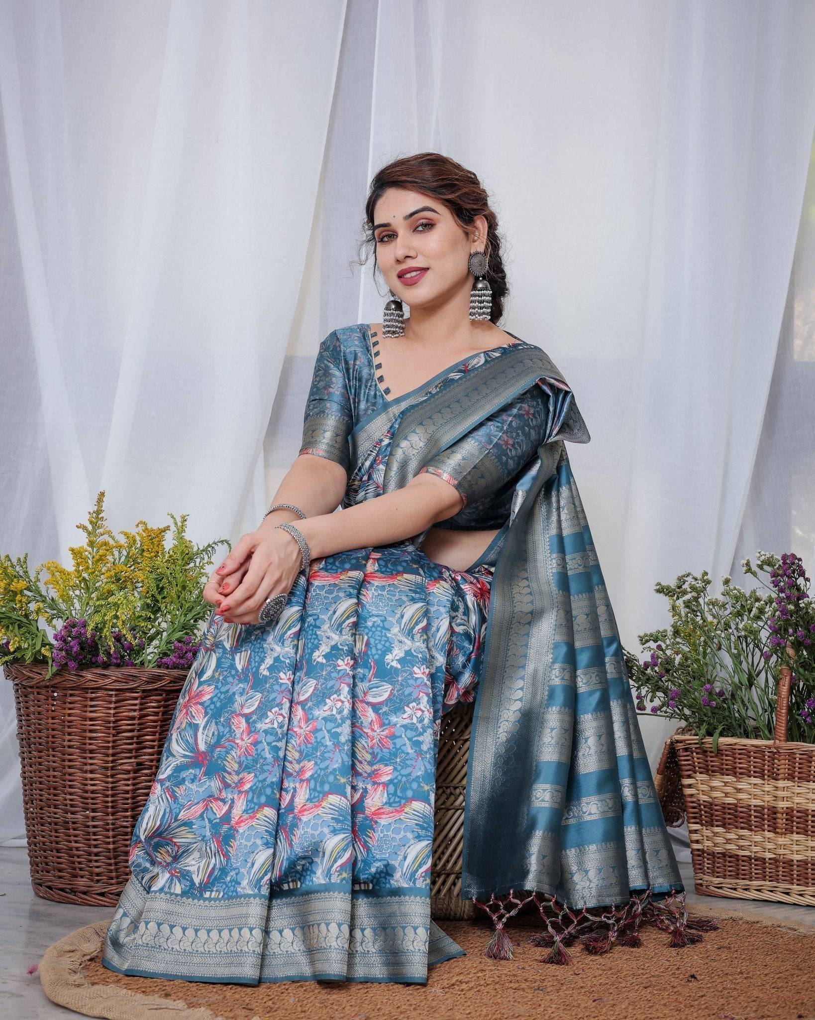 Pure Banarasi Digitally Printed Silk Saree Weaved With Zari Comes With Tassels. - Fashion Dream Studio