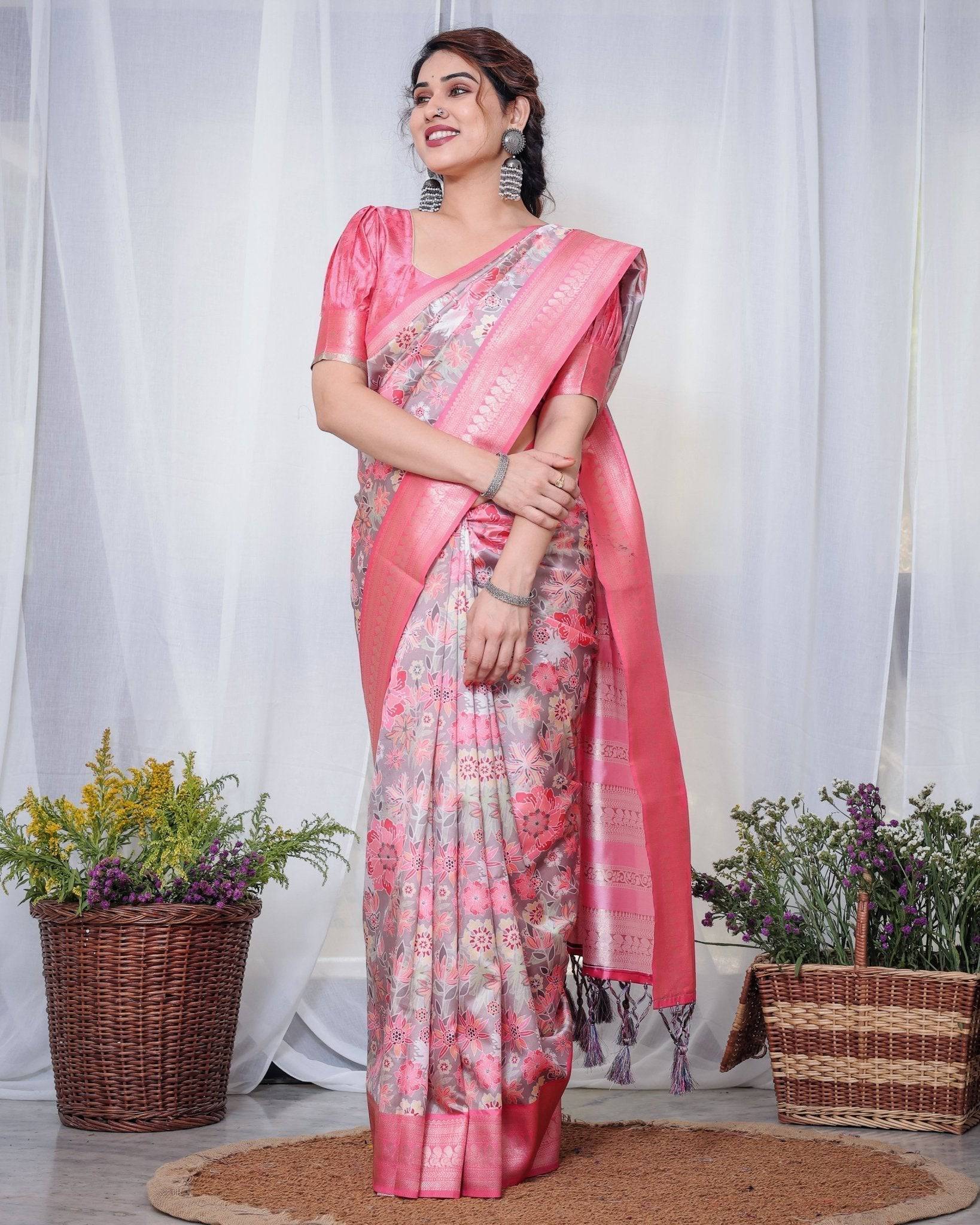 Pure Banarasi Digitally Printed Silk Saree Weaved With Zari Comes With Tassels.