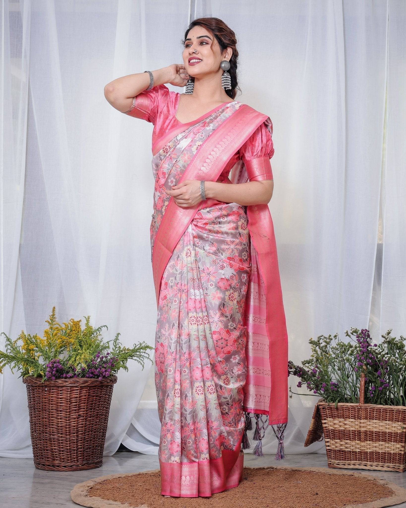 Pure Banarasi Digitally Printed Silk Saree Weaved With Zari Comes With Tassels. - Fashion Dream Studio