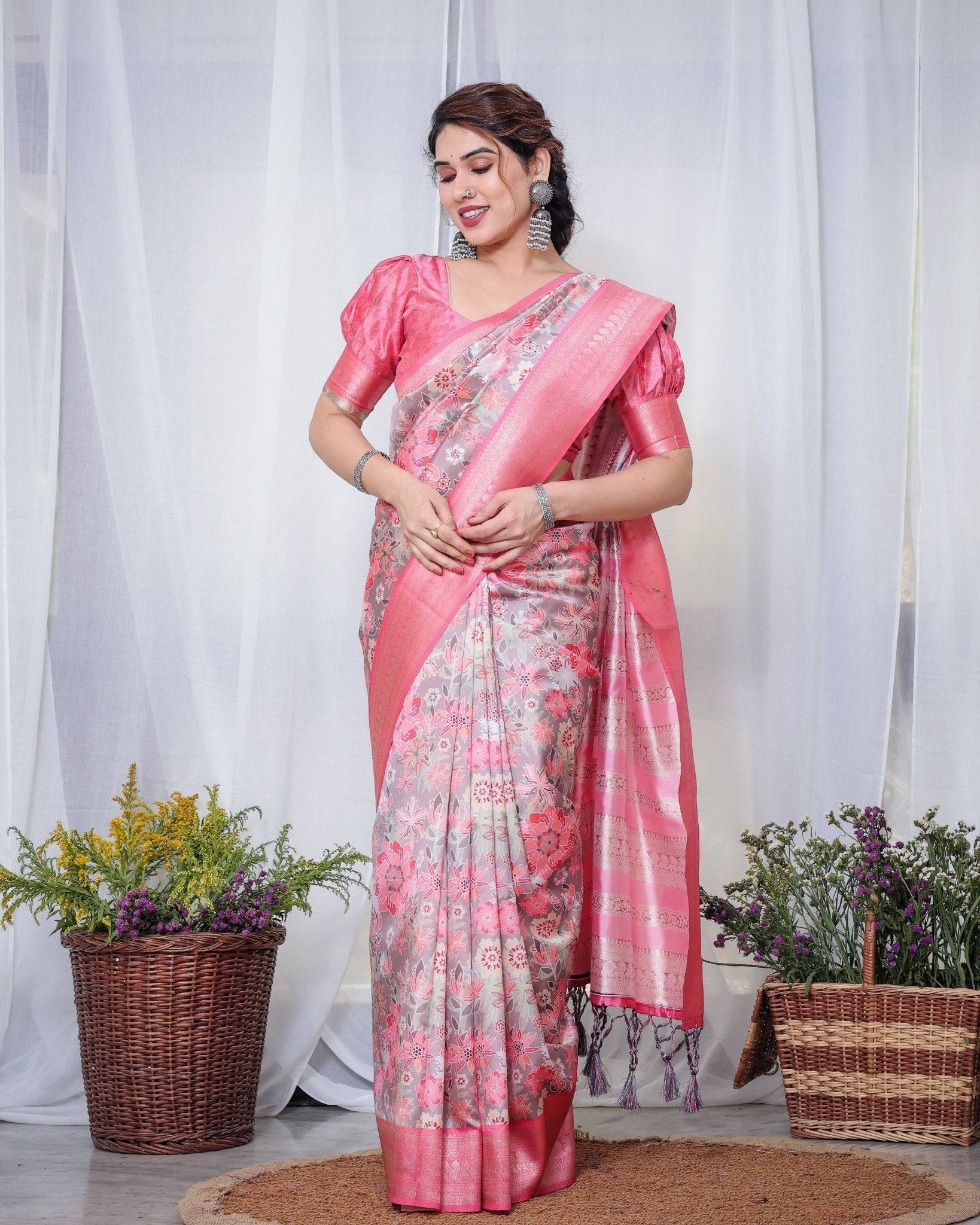 Pure Banarasi Digitally Printed Silk Saree Weaved With Zari Comes With Tassels. - Fashion Dream Studio