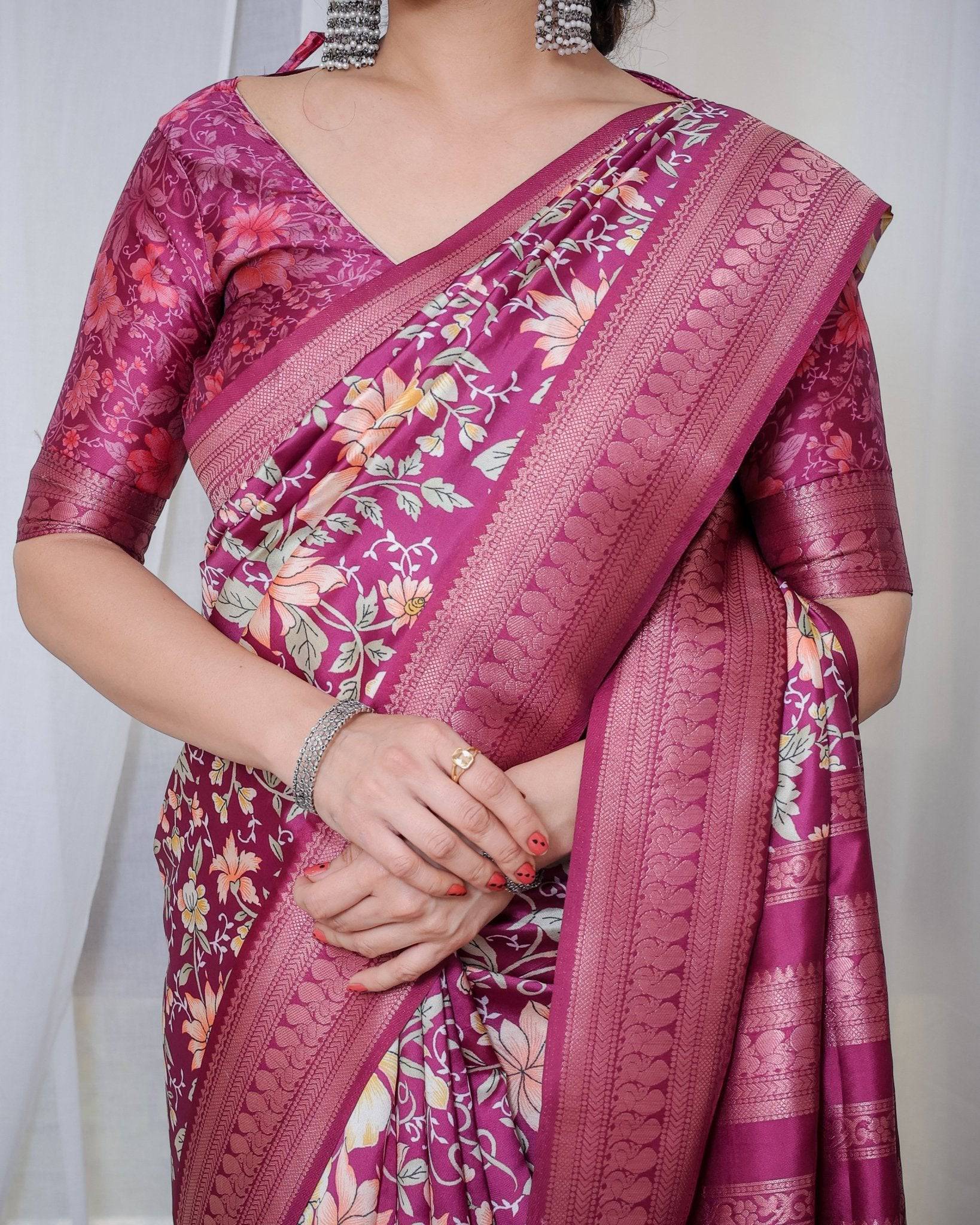 Pure Banarasi Digitally Printed Silk Saree Weaved With Zari Comes With Tassels.