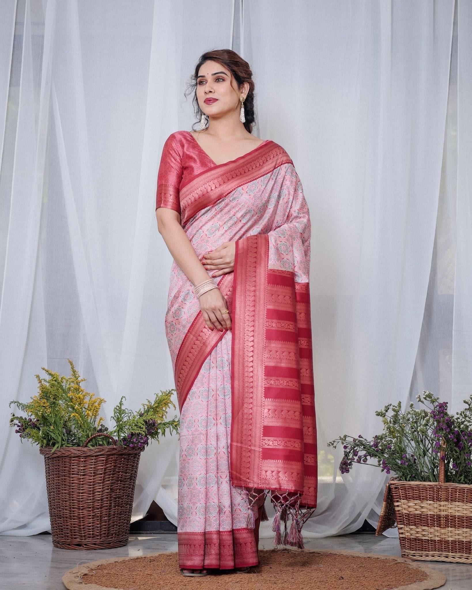 Pure Banarasi Digitally Printed Silk Saree Weaved With Zari Comes With Tassels.