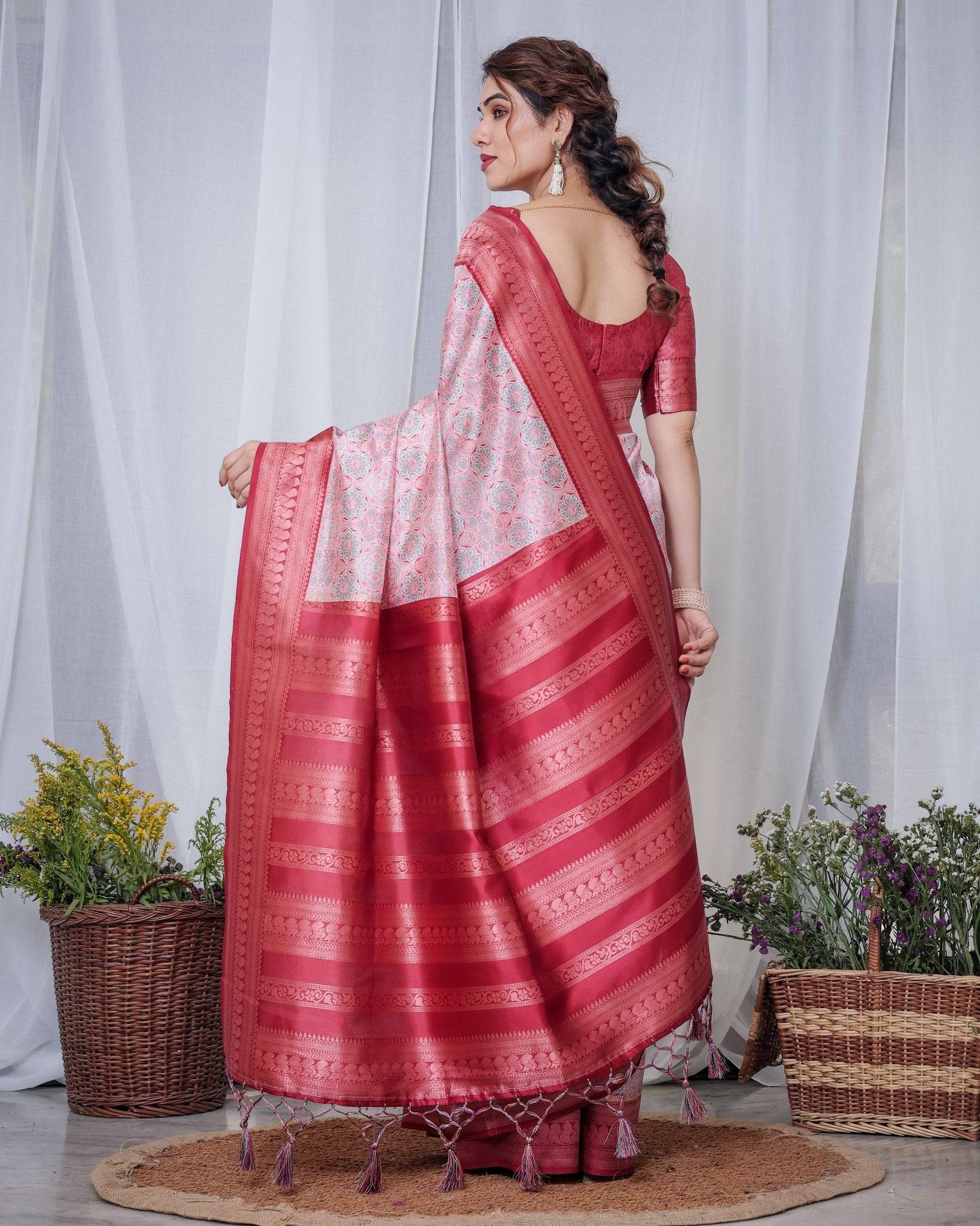 Pure Banarasi Digitally Printed Silk Saree Weaved With Zari Comes With Tassels. - Fashion Dream Studio