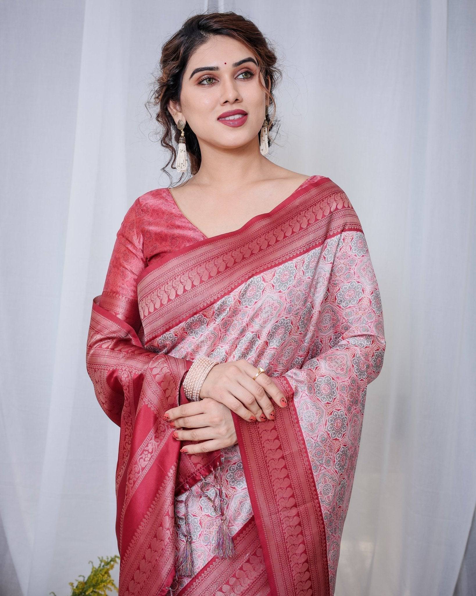 Pure Banarasi Digitally Printed Silk Saree Weaved With Zari Comes With Tassels. - Fashion Dream Studio